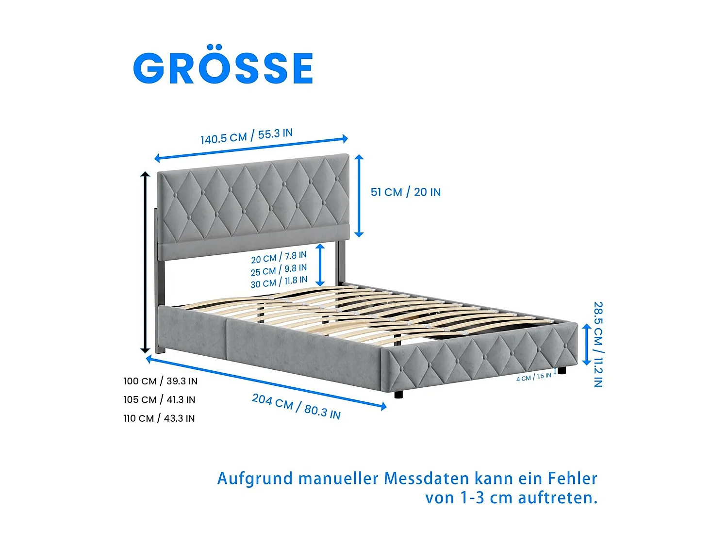 Bed Soft 90x200 Cm, Gepolsterd Bed, Metaalframe En MDF, Groot Opbergruimte, Grijs