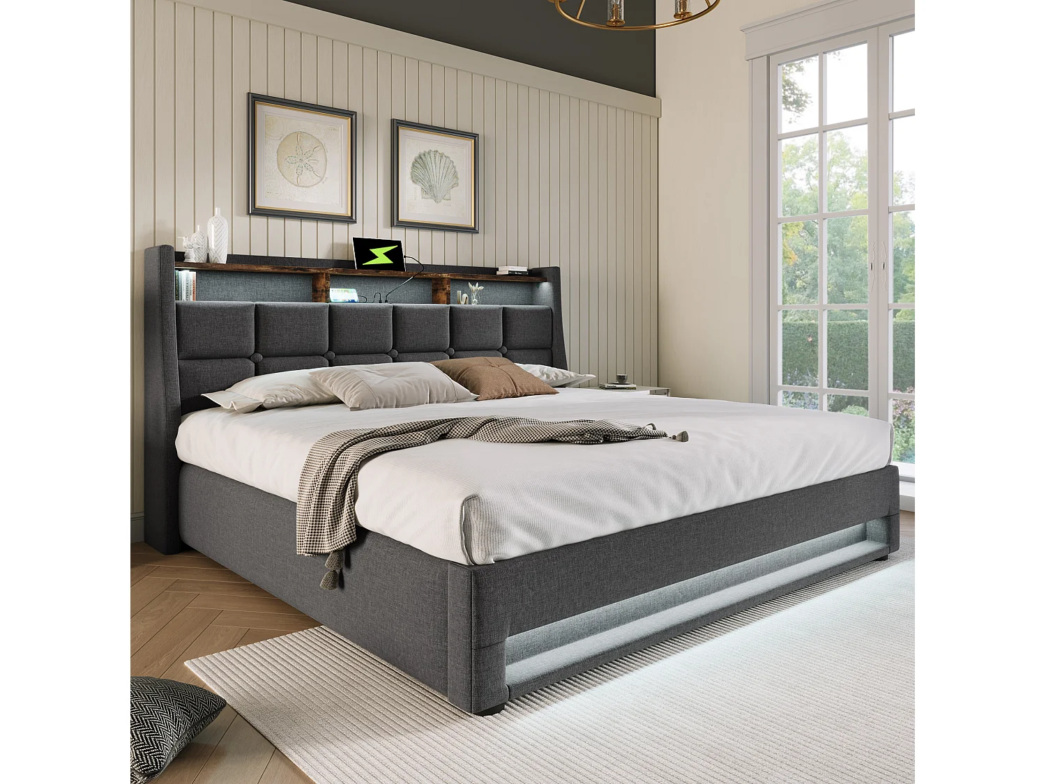 Lit LED Double 140x200 cm Met Port USB en Tête Van Lit en Tissu Lin, Metaalframe Solide, Met Matelas