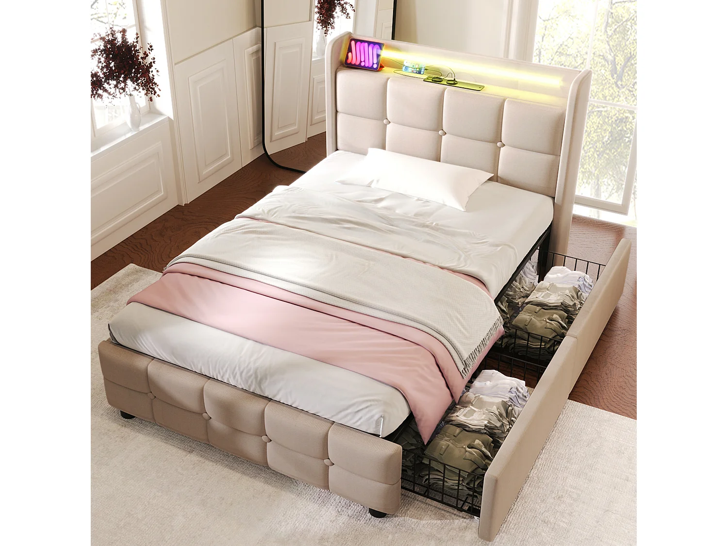 Lit simple rembourré 90x200 cm avec port USB, LED et 2 tiroirs, tête réglable, tissu beige, sommier bois, avec matelas