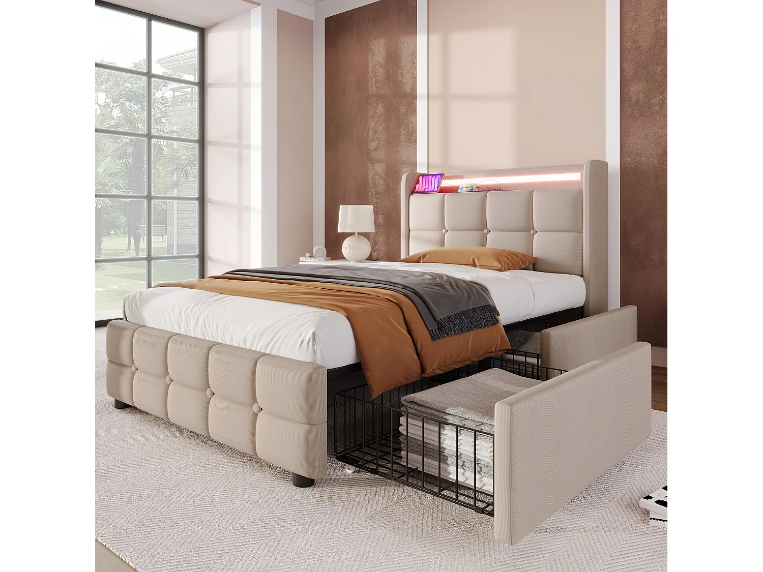 Lit simple rembourré 90x200 cm avec port USB, LED et 2 tiroirs, tête réglable, tissu beige, sommier bois, avec matelas