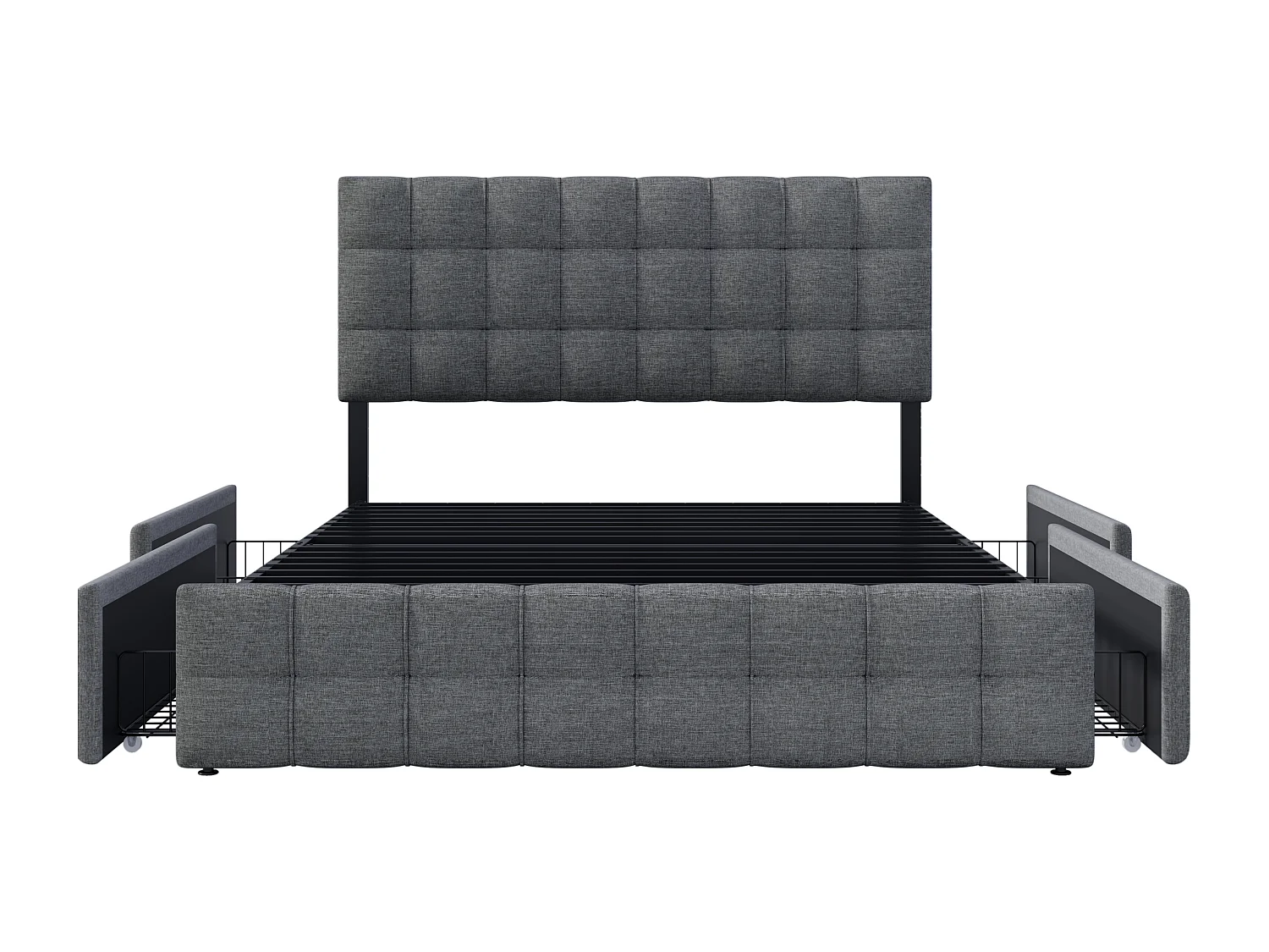 Lit rembourré double 140x200 cm, 4 tiroirs, tête réglable, matelas à ressorts, cadre métal, lin gris, sommier inclus