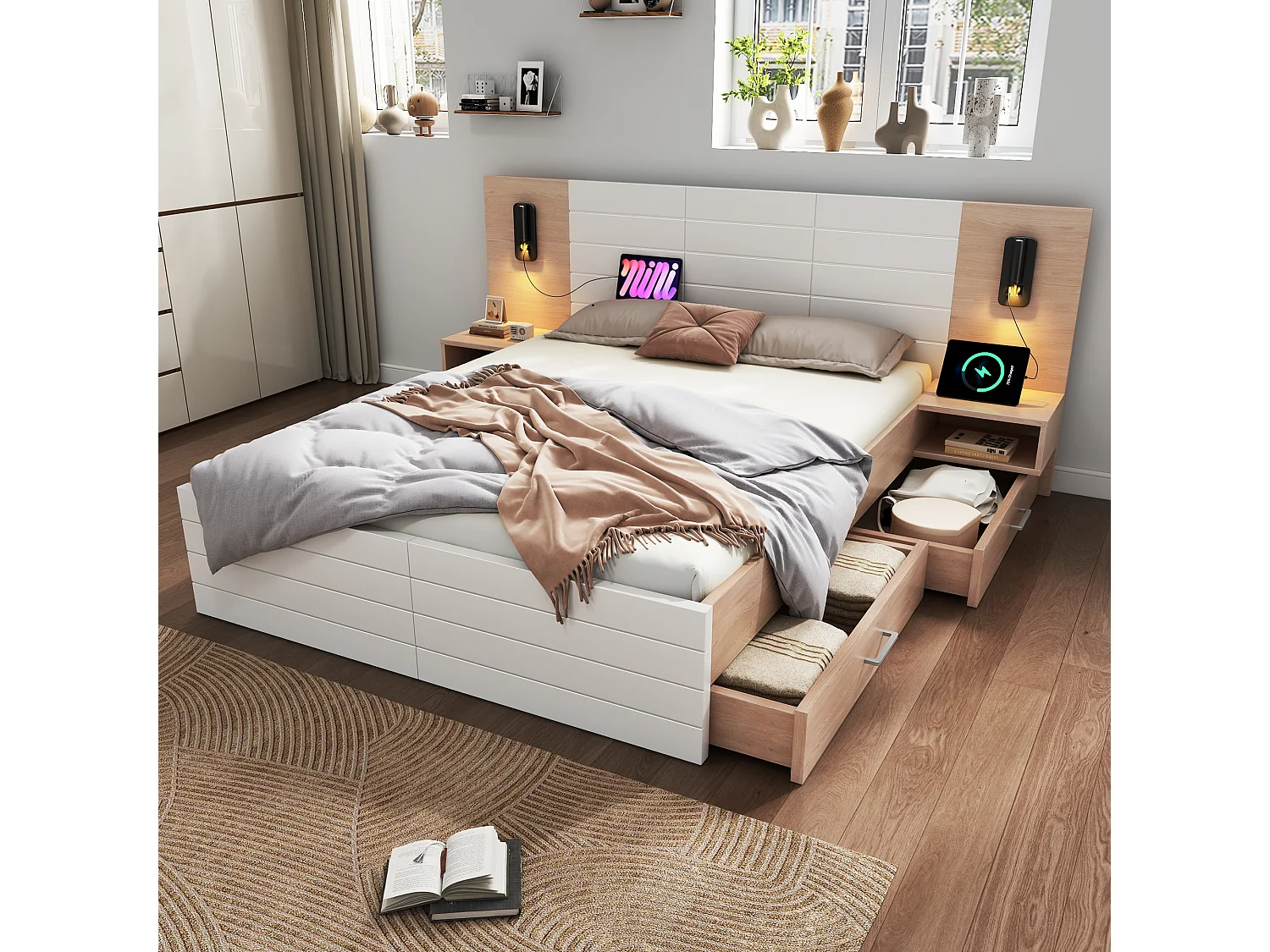 Lit en Bois Double 140x200 Cm, 2 Tiroirs, Tête Met Liseuse en Usb, 2 Tables Van Chevet, Cadre Moderne Chêne/blanc, Met Matelas