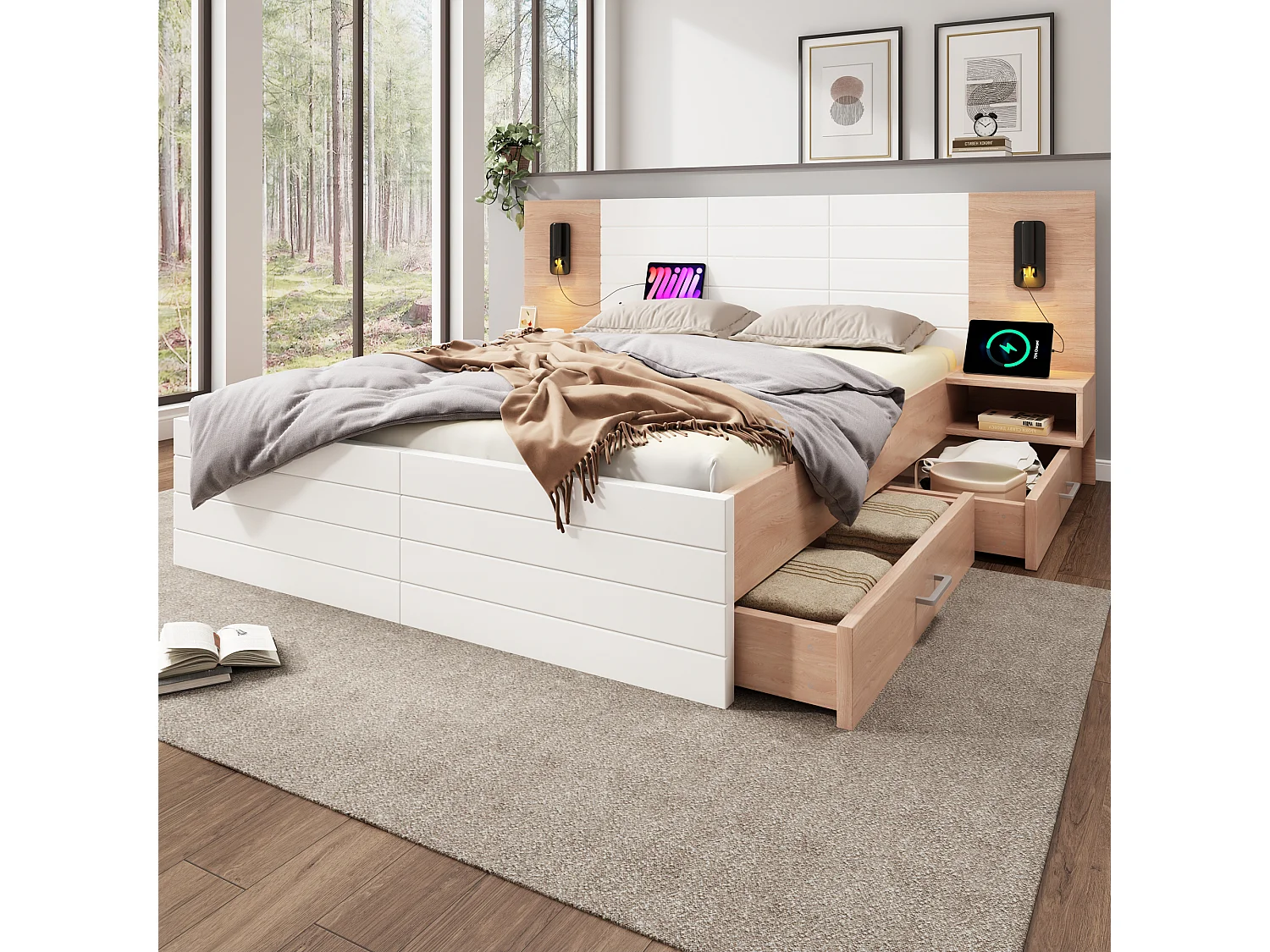 Lit en Bois Double 140x200 Cm, 2 Tiroirs, Tête Met Liseuse en Usb, 2 Tables Van Chevet, Cadre Moderne Chêne/blanc, Met Matelas