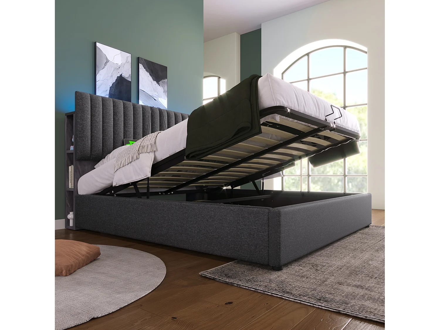 Lit rembourré double USB Type C avec LED, tête réglable et rangement, 140×200, bois gris (avec matelas)