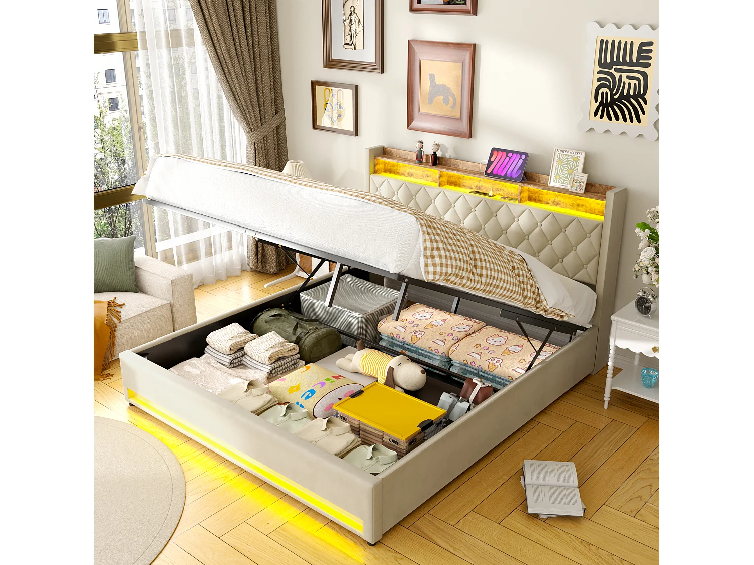 Lit 180x200 cm, capitonné, avec éclairage LED, prises USB et Type-C, vaste espace de rangement, beige