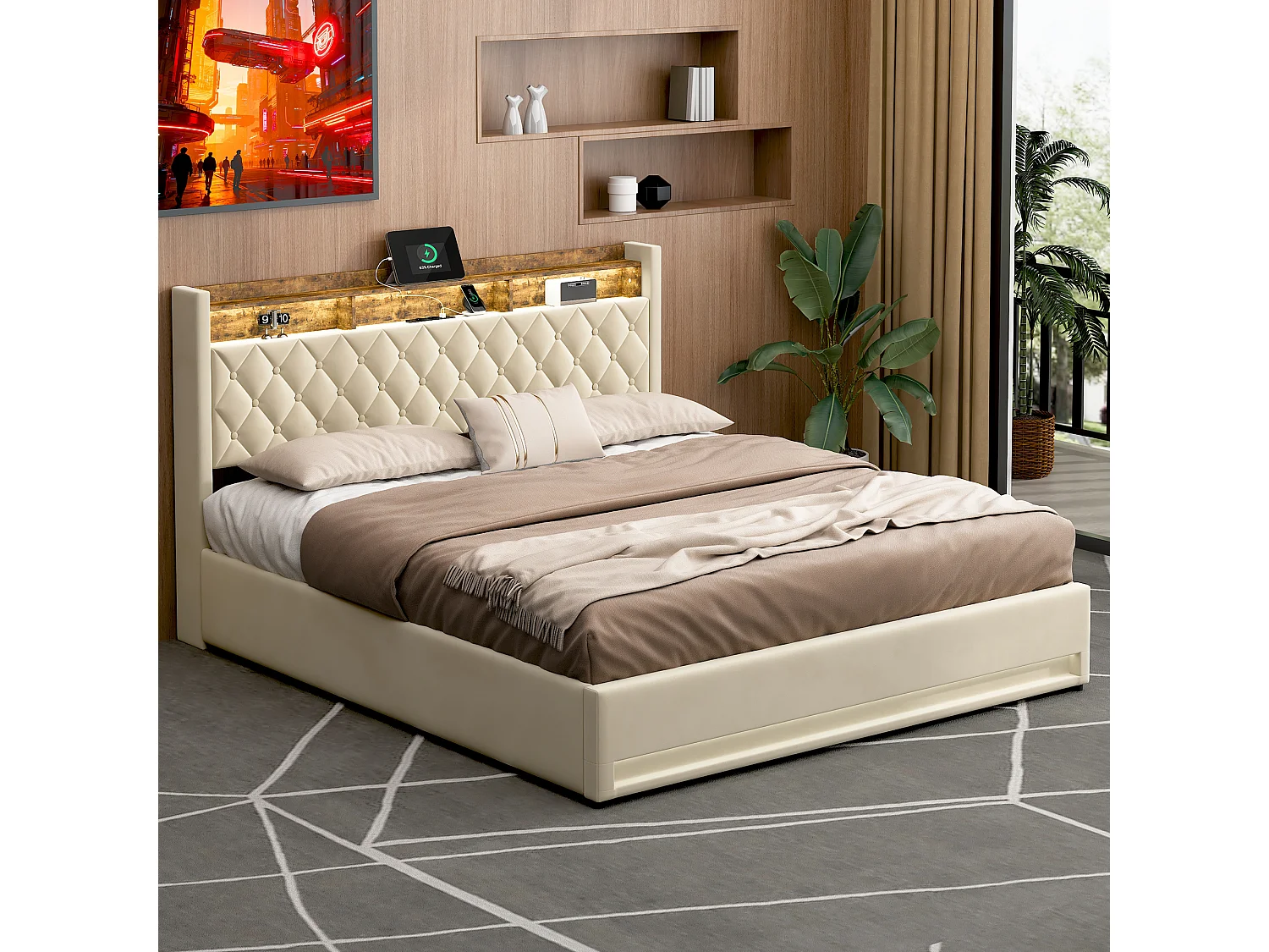 Lit 180x200 cm, capitonné, avec éclairage LED, prises USB et Type-C, vaste espace de rangement, beige
