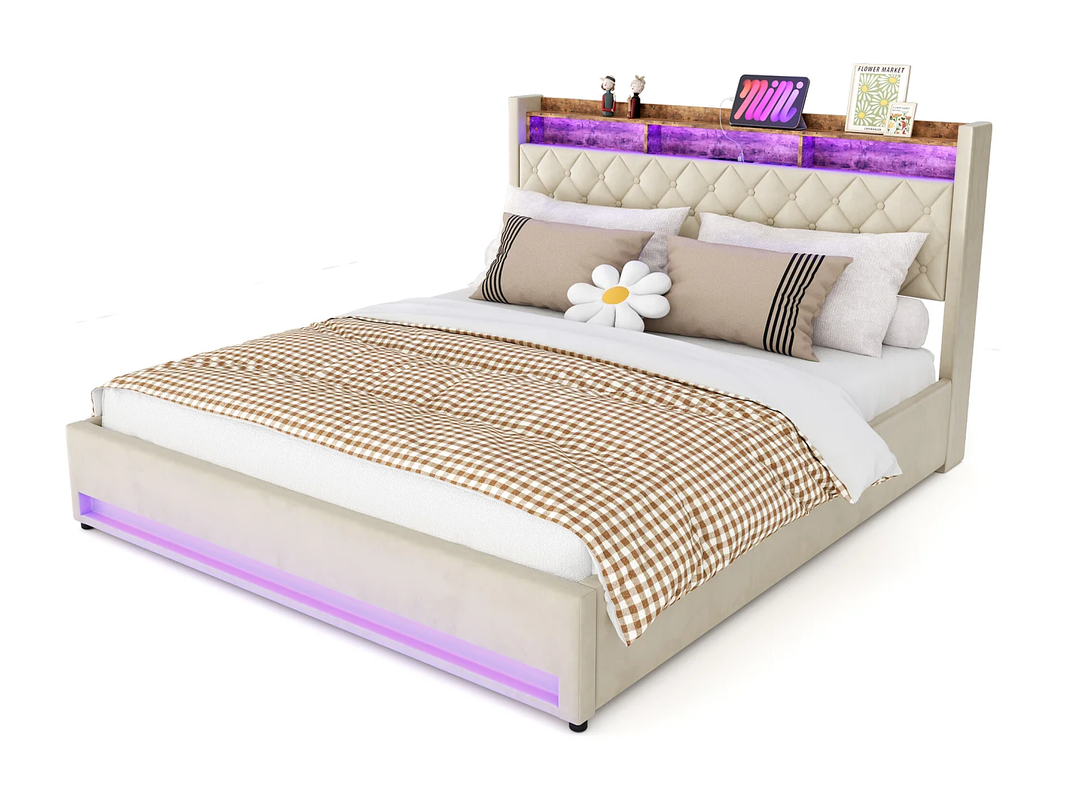 Lit 180x200 cm, capitonné, avec éclairage LED, prises USB et Type-C, vaste espace de rangement, beige