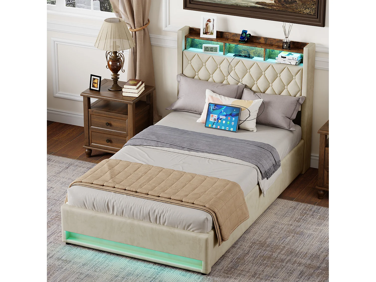 Lit 140x200 cm, capitonné, avec éclairage LED, prises USB et Type-C, large espace de rangement, beige