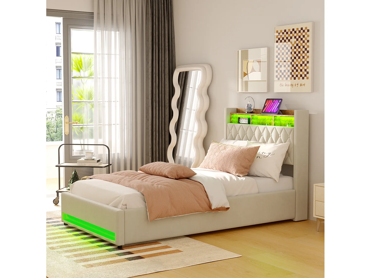 Lit 140x200 cm, capitonné, avec éclairage LED, prises USB et Type-C, large espace de rangement, beige