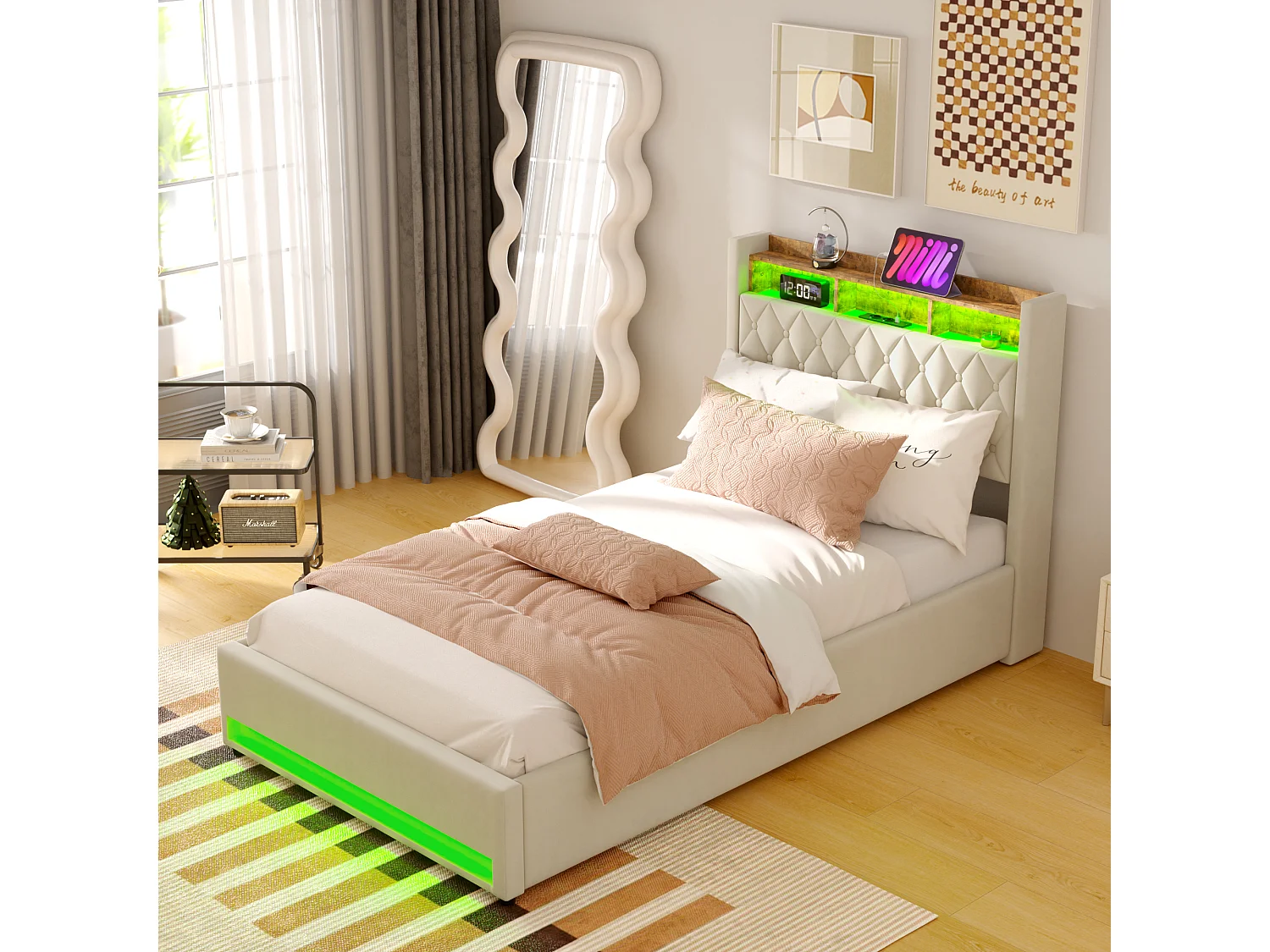 Lit 140x200 cm, capitonné, avec éclairage LED, prises USB et Type-C, large espace de rangement, beige