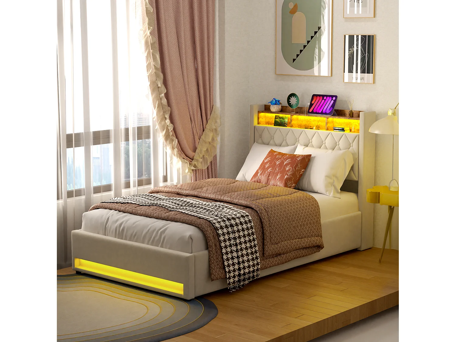 Lit 140x200 cm, capitonné, avec éclairage LED, prises USB et Type-C, large espace de rangement, beige