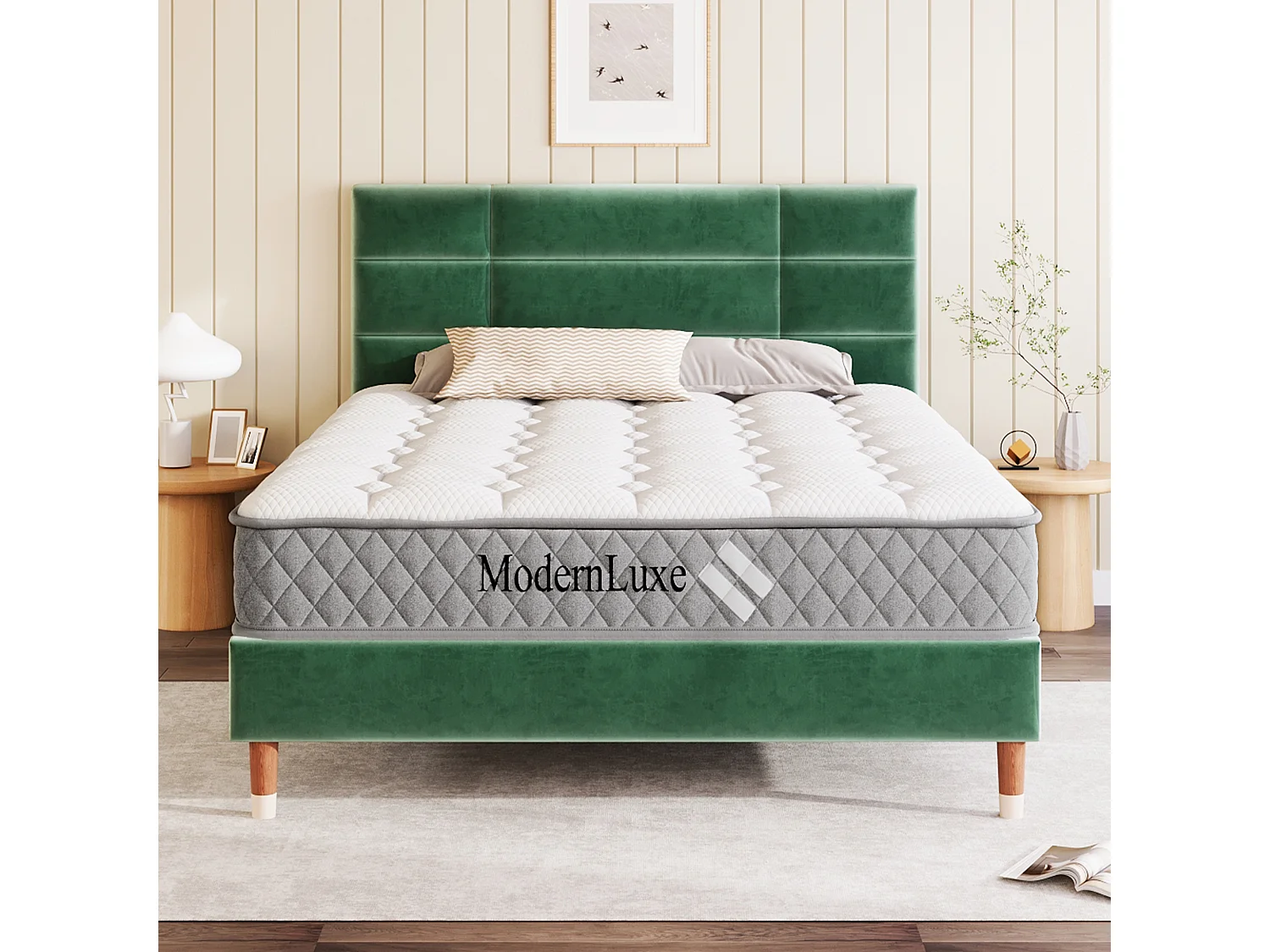 Lit rembourré double 140x200 cm, tête et sommier inclus, cadre velours vert foncé, pour adultes et adolescents, avec matelas