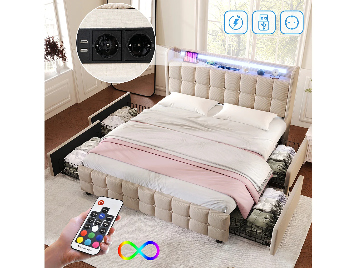 Lit double rembourré 160x200 cm avec USB, LED et 4 tiroirs, tête avec rangement, sommier bois, tissu beige, avec matelas