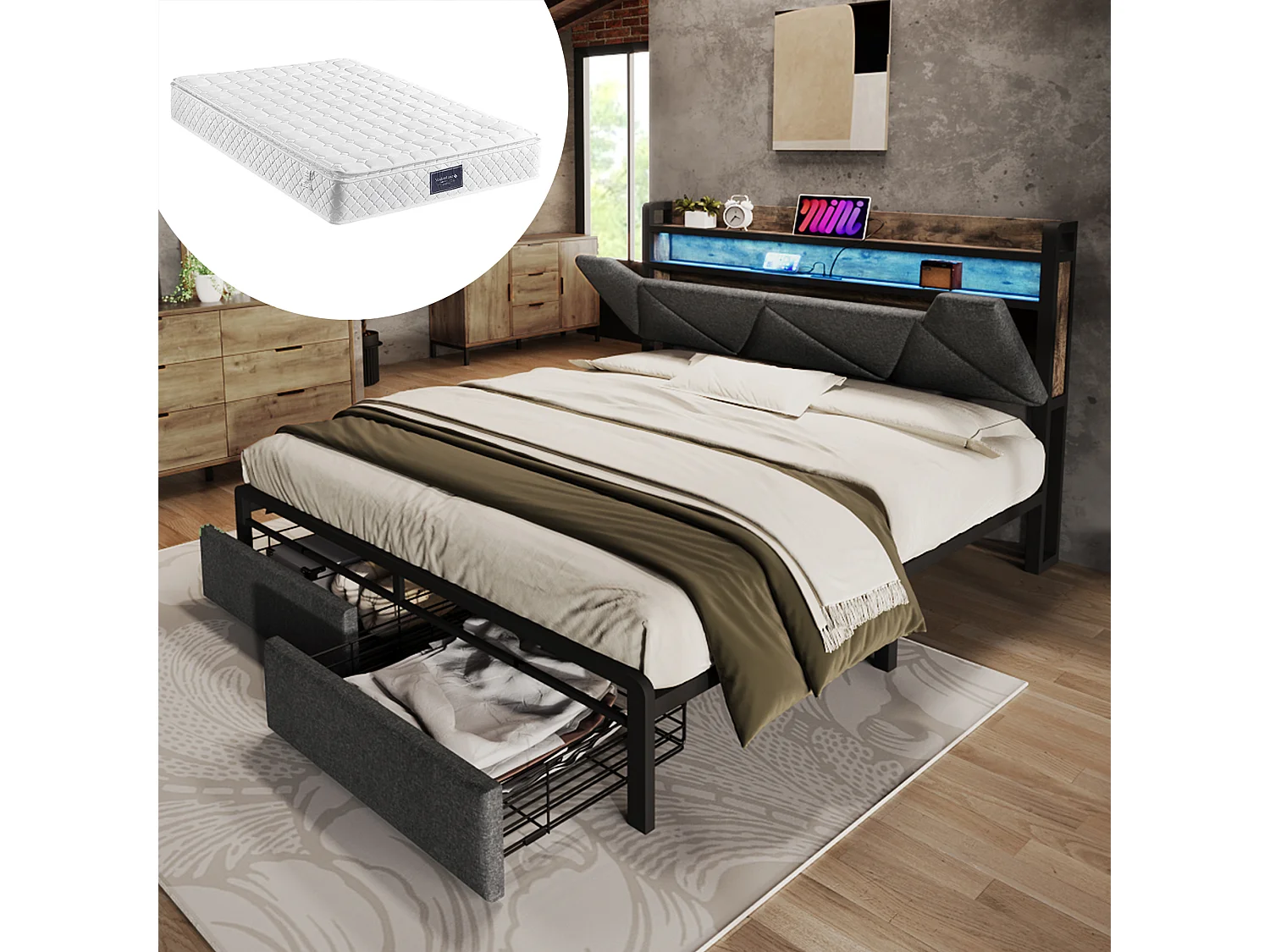 Lit rembourré double USB Type C avec tête de rangement, LED et tiroirs, 140×200, métal gris (avec matelas)