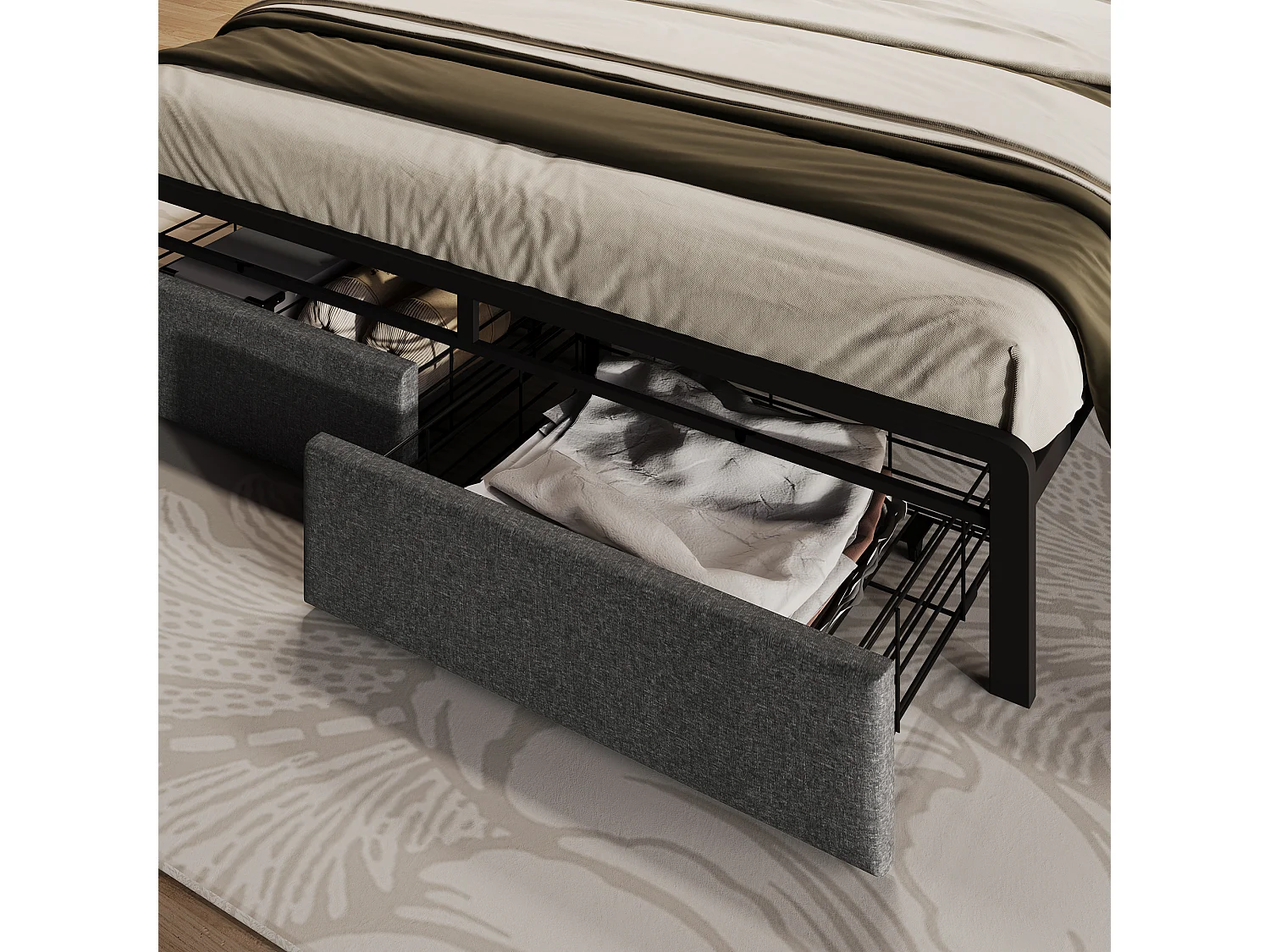 Lit rembourré double USB Type C avec tête de rangement, LED et tiroirs, 140×200, métal gris (avec matelas)