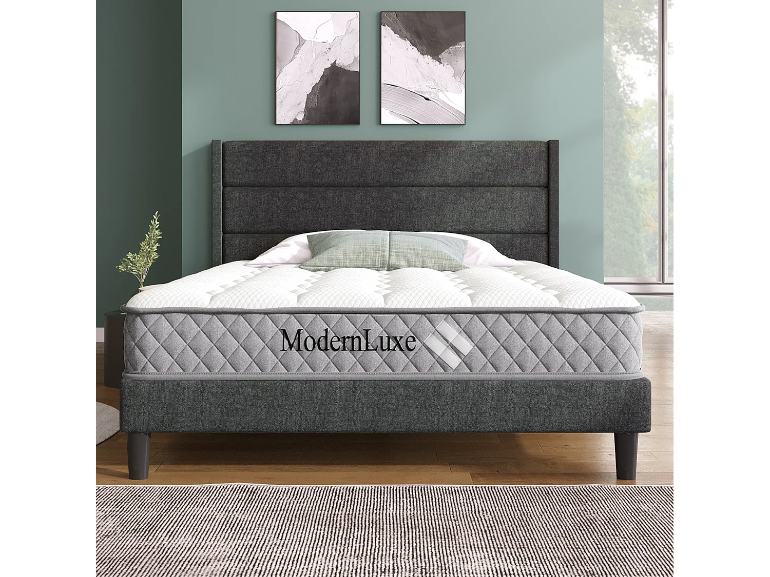 Lit rembourré double 140x200 cm, tête et sommier inclus, cadre lin gris foncé, design moderne, jeunesse, avec matelas