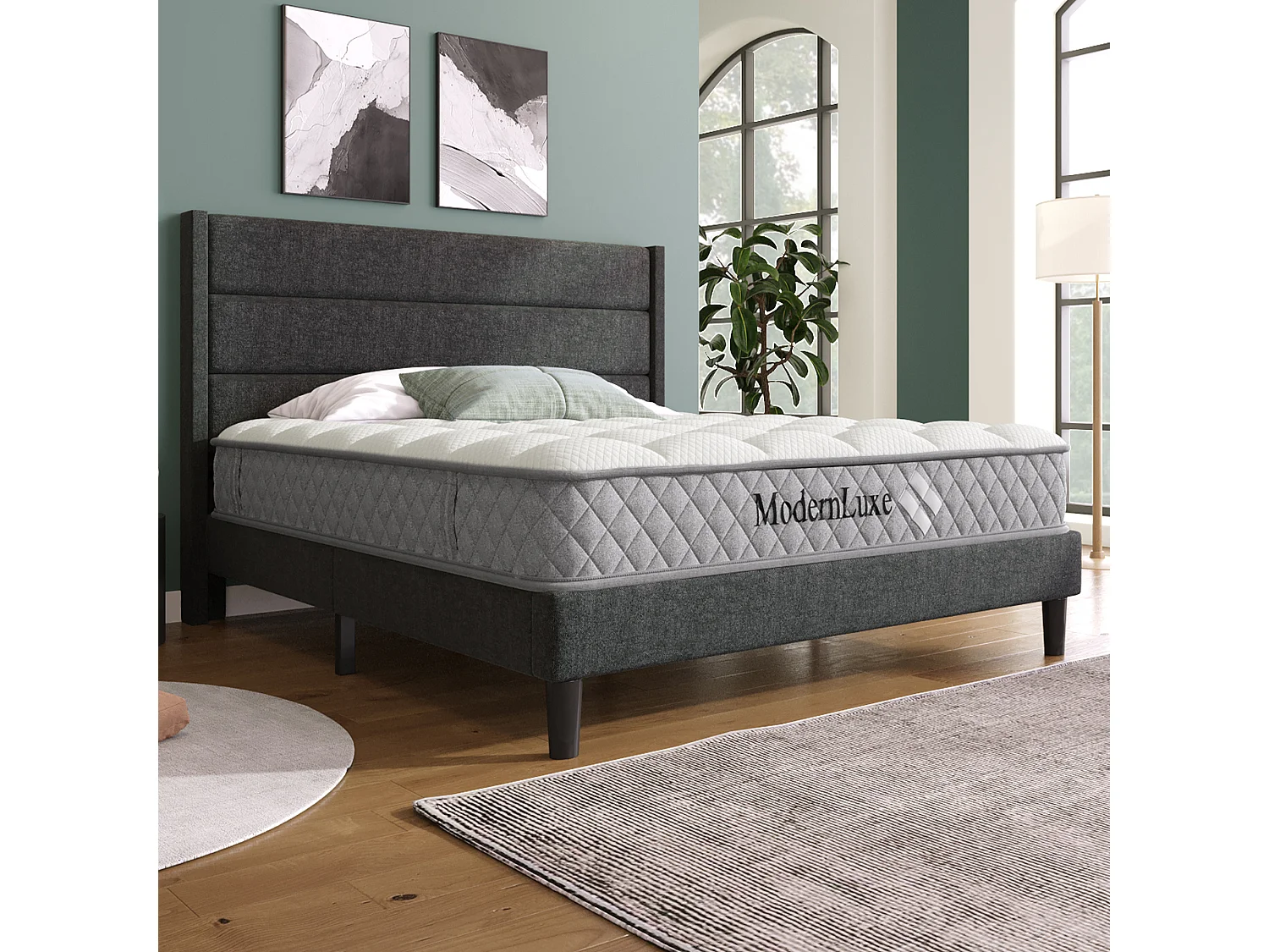 Lit rembourré double 140x200 cm, tête et sommier inclus, cadre lin gris foncé, design moderne, jeunesse, avec matelas
