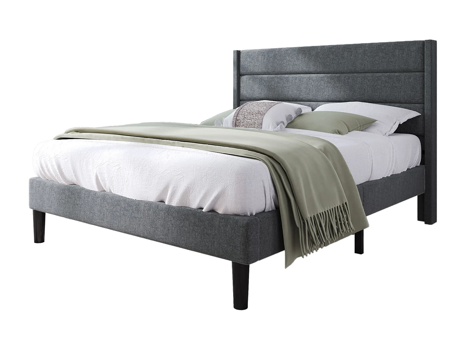 Lit rembourré double 140x200 cm, tête et sommier inclus, cadre lin gris foncé, design moderne, jeunesse, avec matelas