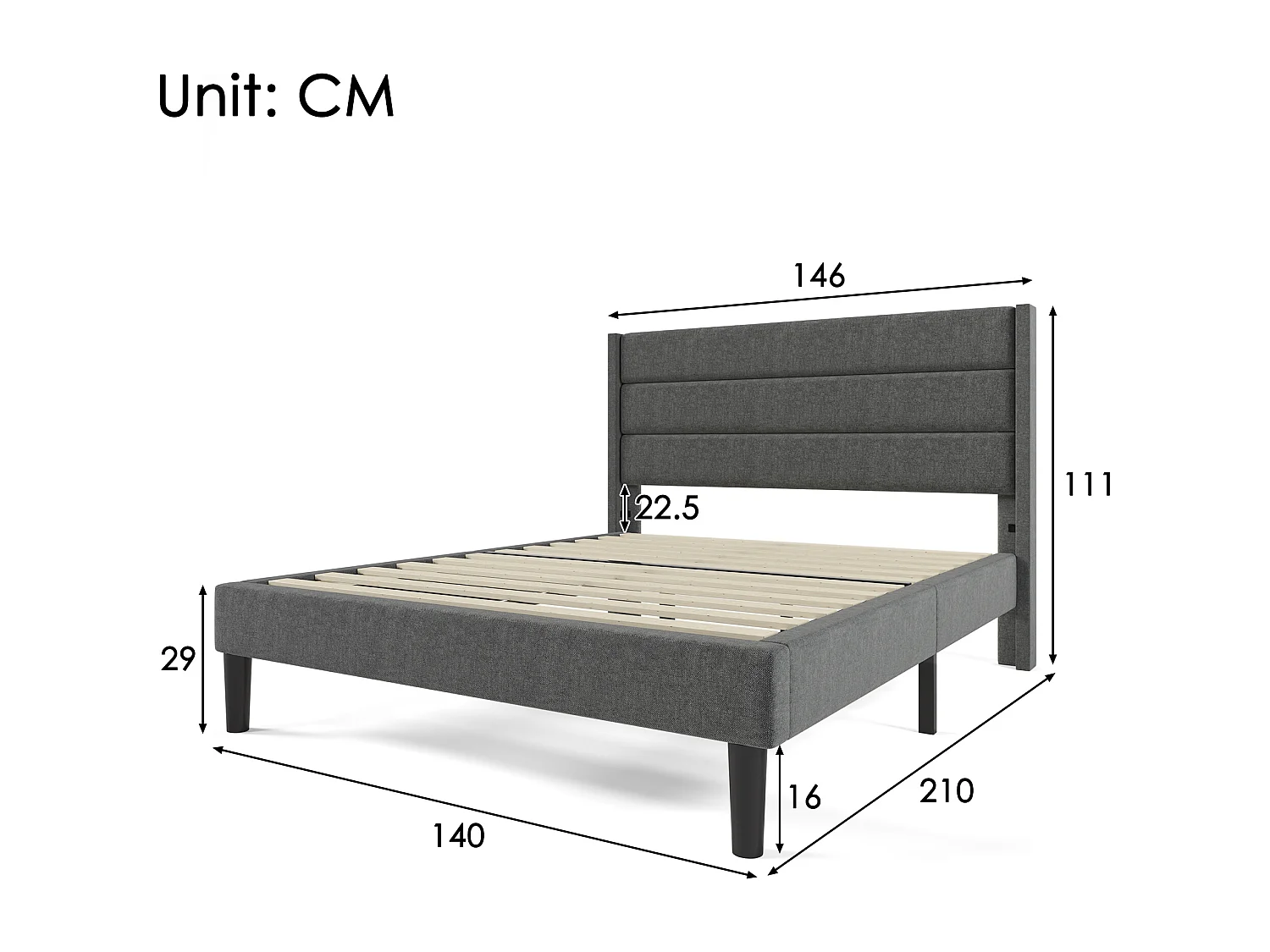 Lit rembourré double 140x200 cm, tête et sommier inclus, cadre lin gris foncé, design moderne, jeunesse, avec matelas