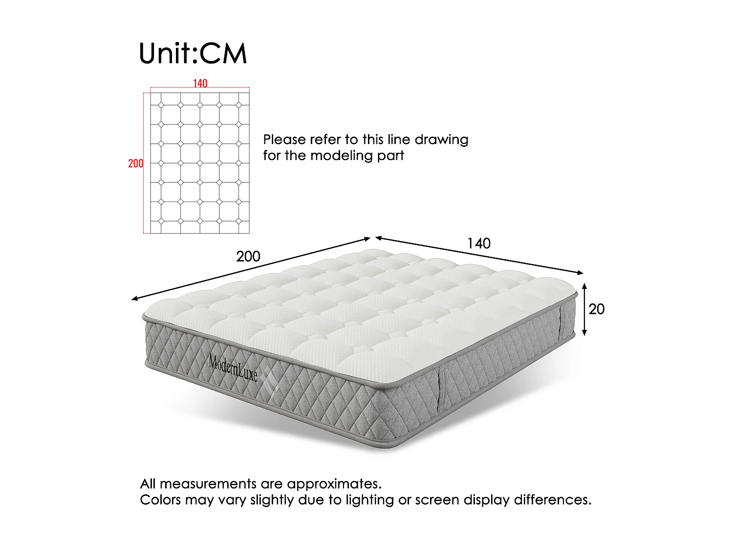 Lit rembourré double 140x200 cm, tête et sommier inclus, cadre lin gris foncé, design moderne, jeunesse, avec matelas