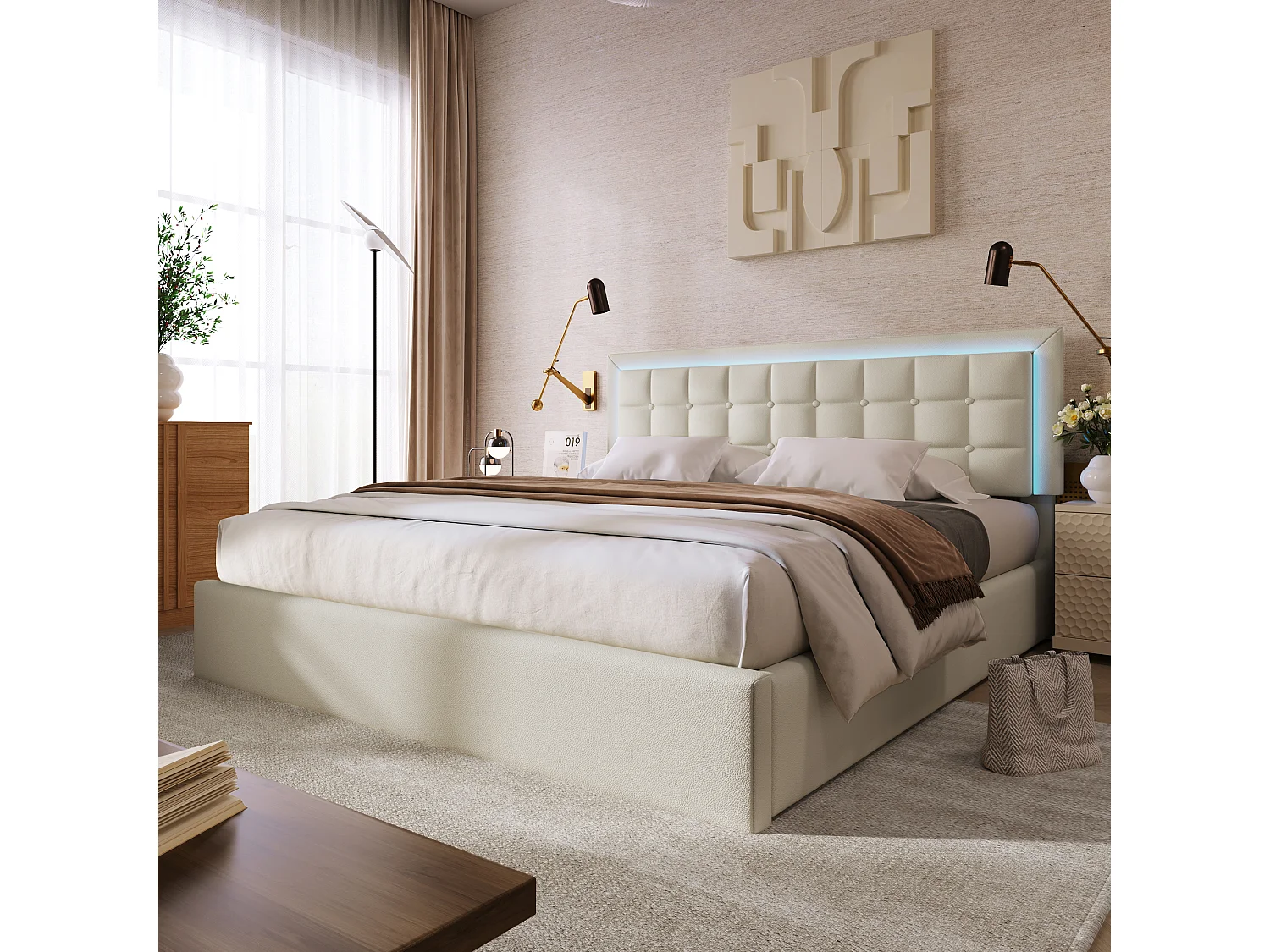 Lit rembourré double 140×200 avec LED, rangement, sommier bois, similicuir blanc, lit fonctionnel (avec matelas)