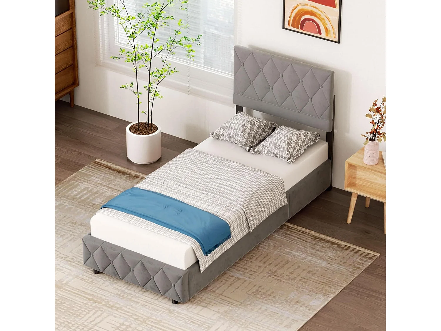 Lit soft 90x200 cm, lit rembourré, cadre en métal et MDF, avec sommier à lattes, grand rangement, gris