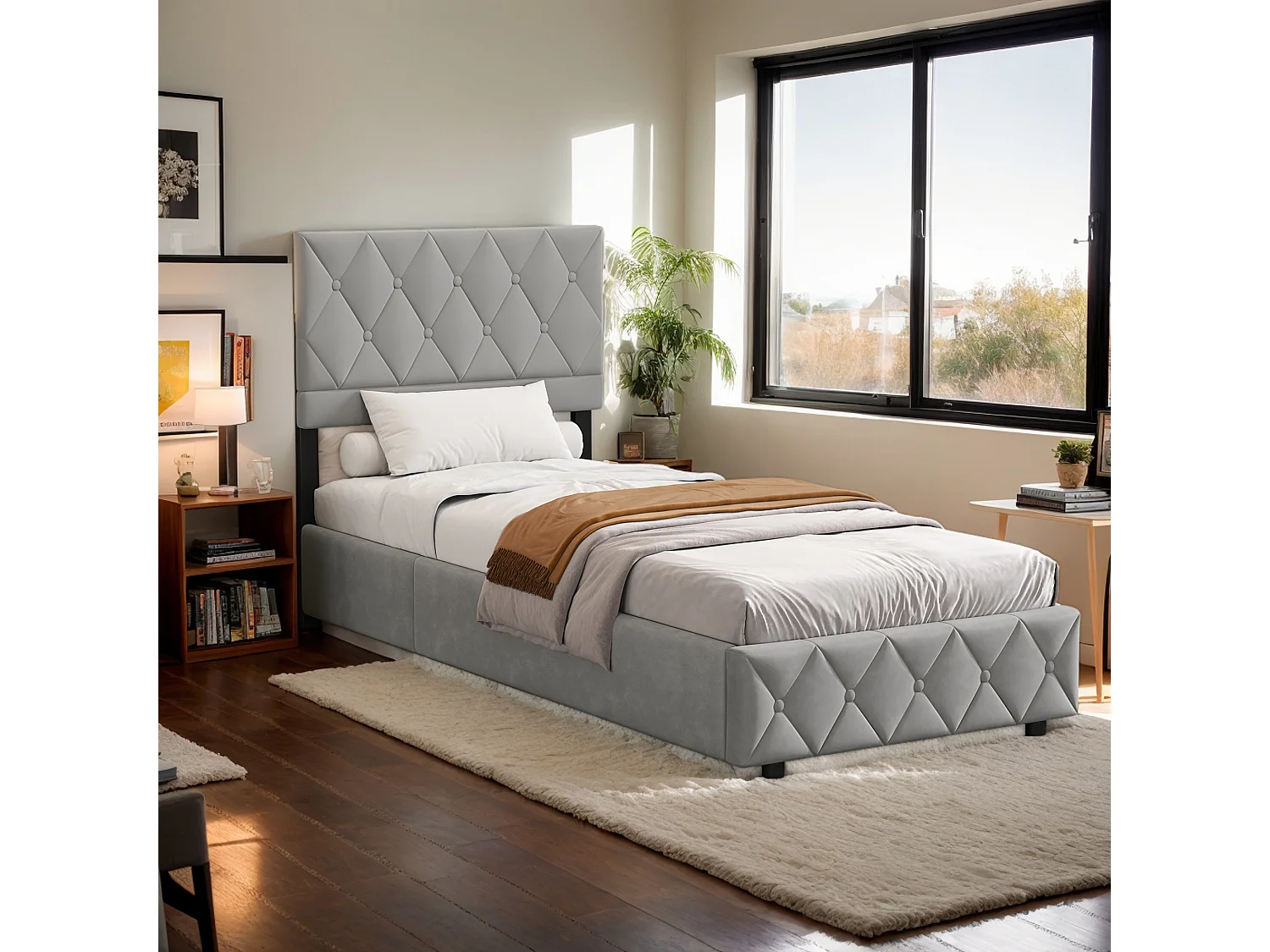 Lit soft 90x200 cm, lit rembourré, cadre en métal et MDF, avec sommier à lattes, grand rangement, gris