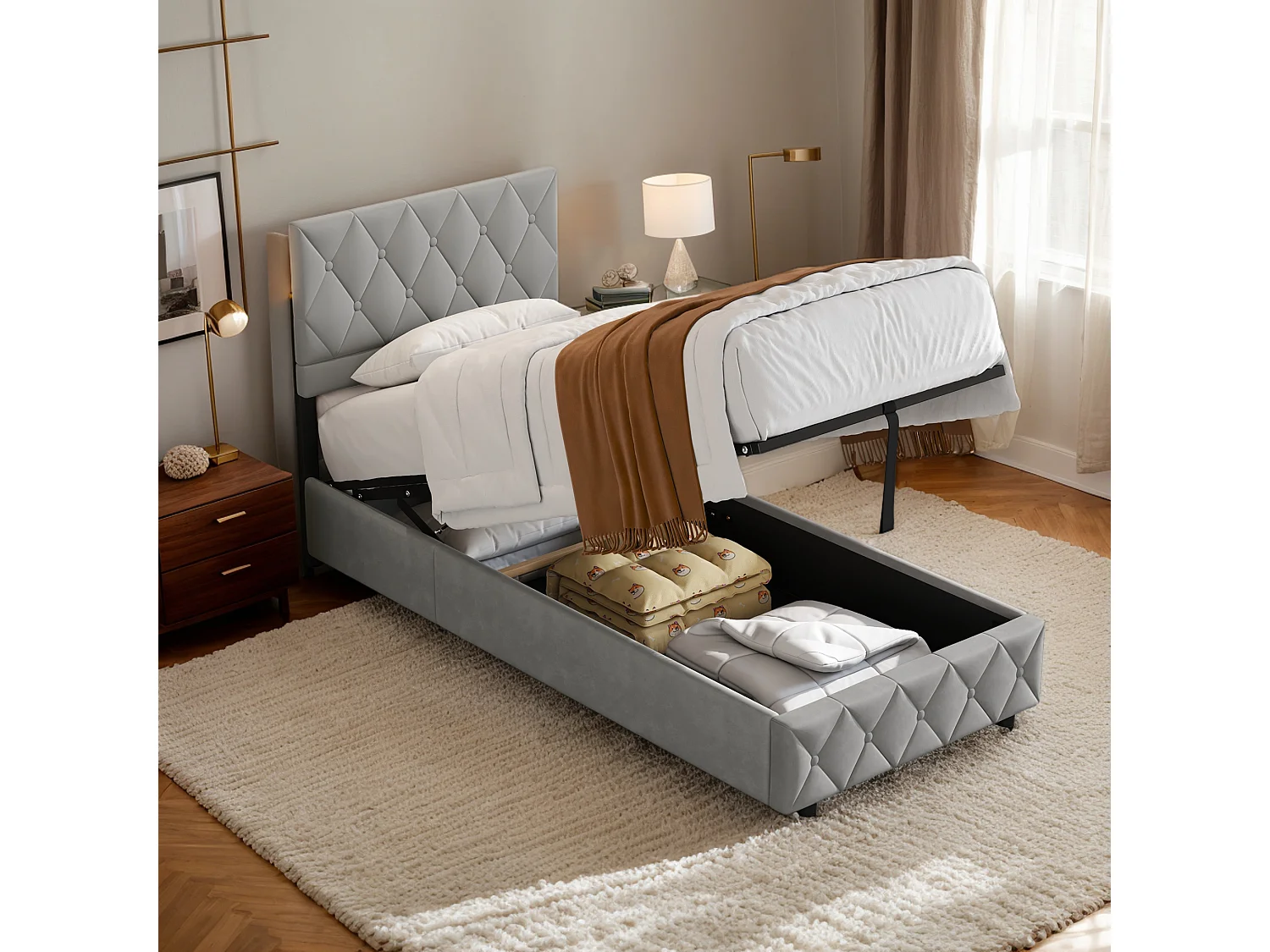 Lit soft 90x200 cm, lit rembourré, cadre en métal et MDF, avec sommier à lattes, grand rangement, gris