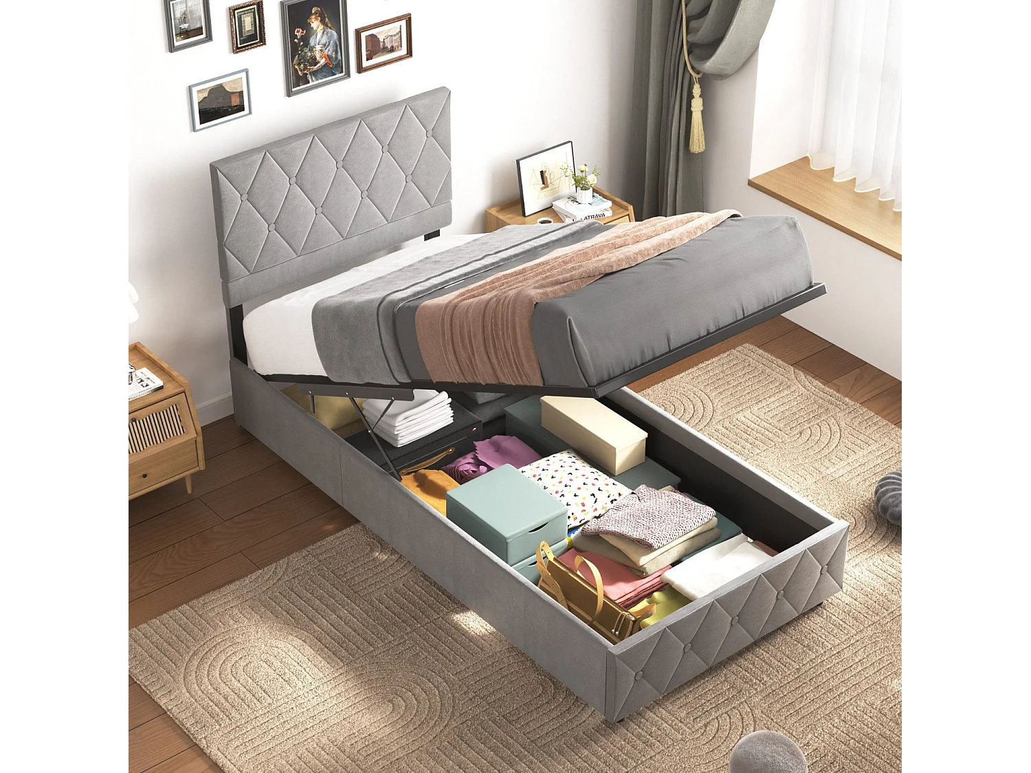 Lit soft 90x200 cm, lit rembourré, cadre en métal et MDF, avec sommier à lattes, grand rangement, gris