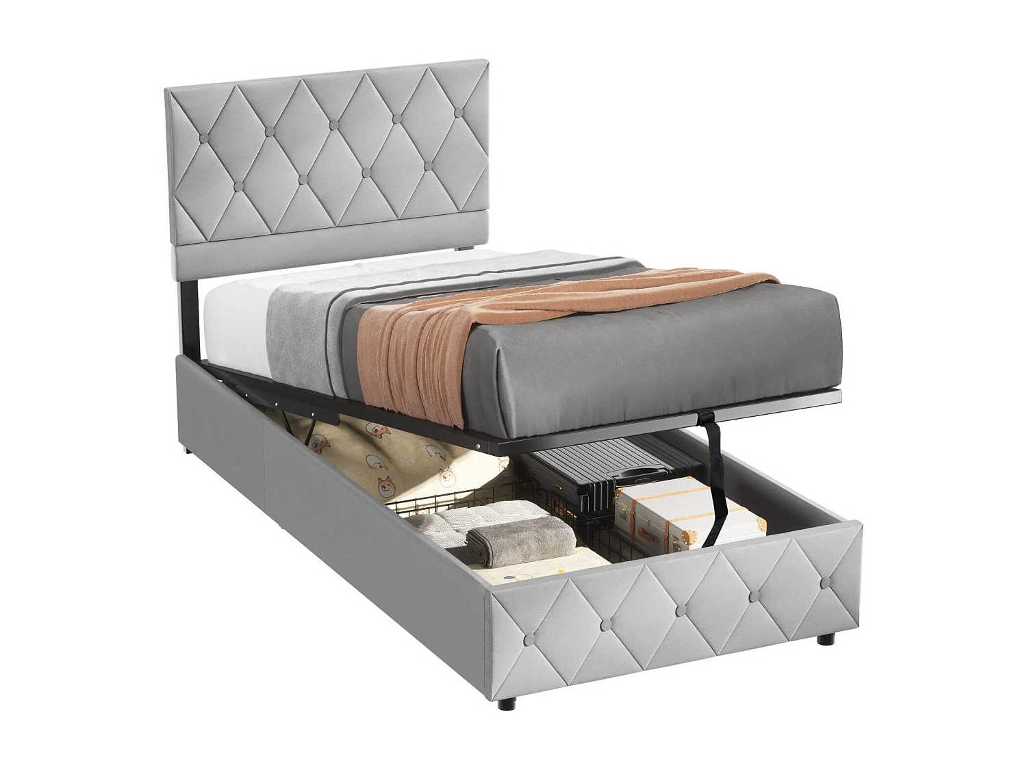 Lit soft 90x200 cm, lit rembourré, cadre en métal et MDF, avec sommier à lattes, grand rangement, gris