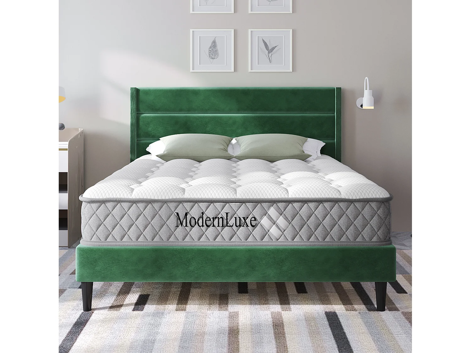 Lit rembourré double 140x200 cm, tête et sommier inclus, cadre velours vert foncé, design moderne, jeunesse, avec matelas