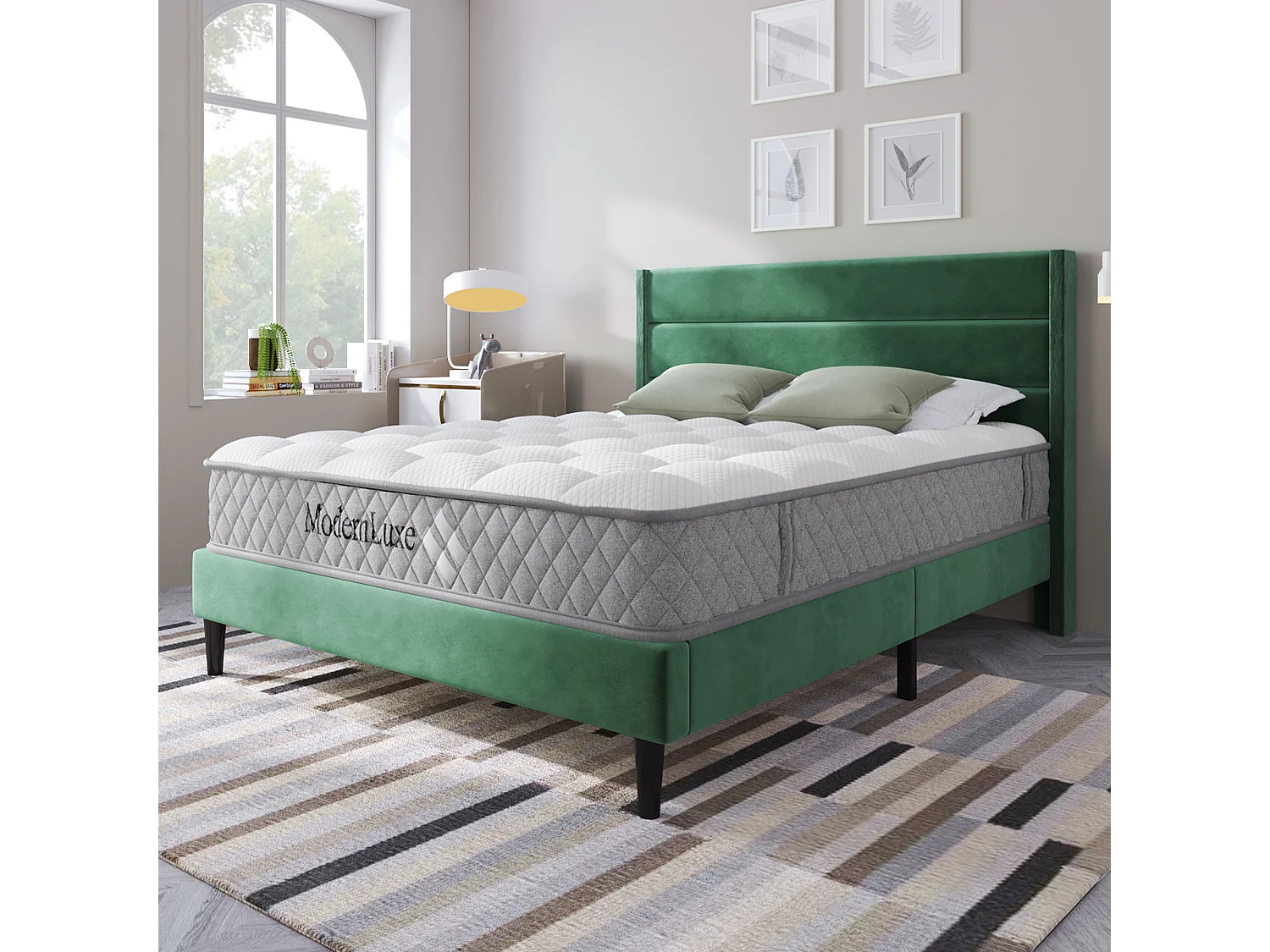 Lit rembourré double 140x200 cm, tête et sommier inclus, cadre velours vert foncé, design moderne, jeunesse, avec matelas