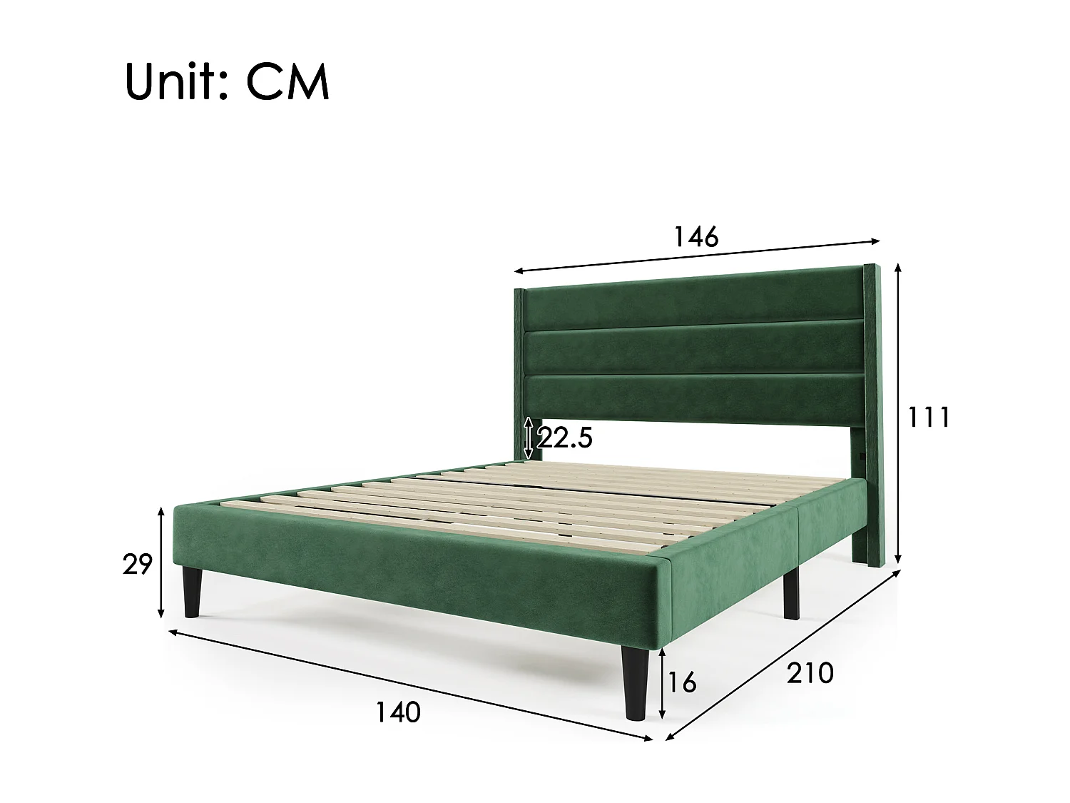 Lit rembourré double 140x200 cm, tête et sommier inclus, cadre velours vert foncé, design moderne, jeunesse, avec matelas