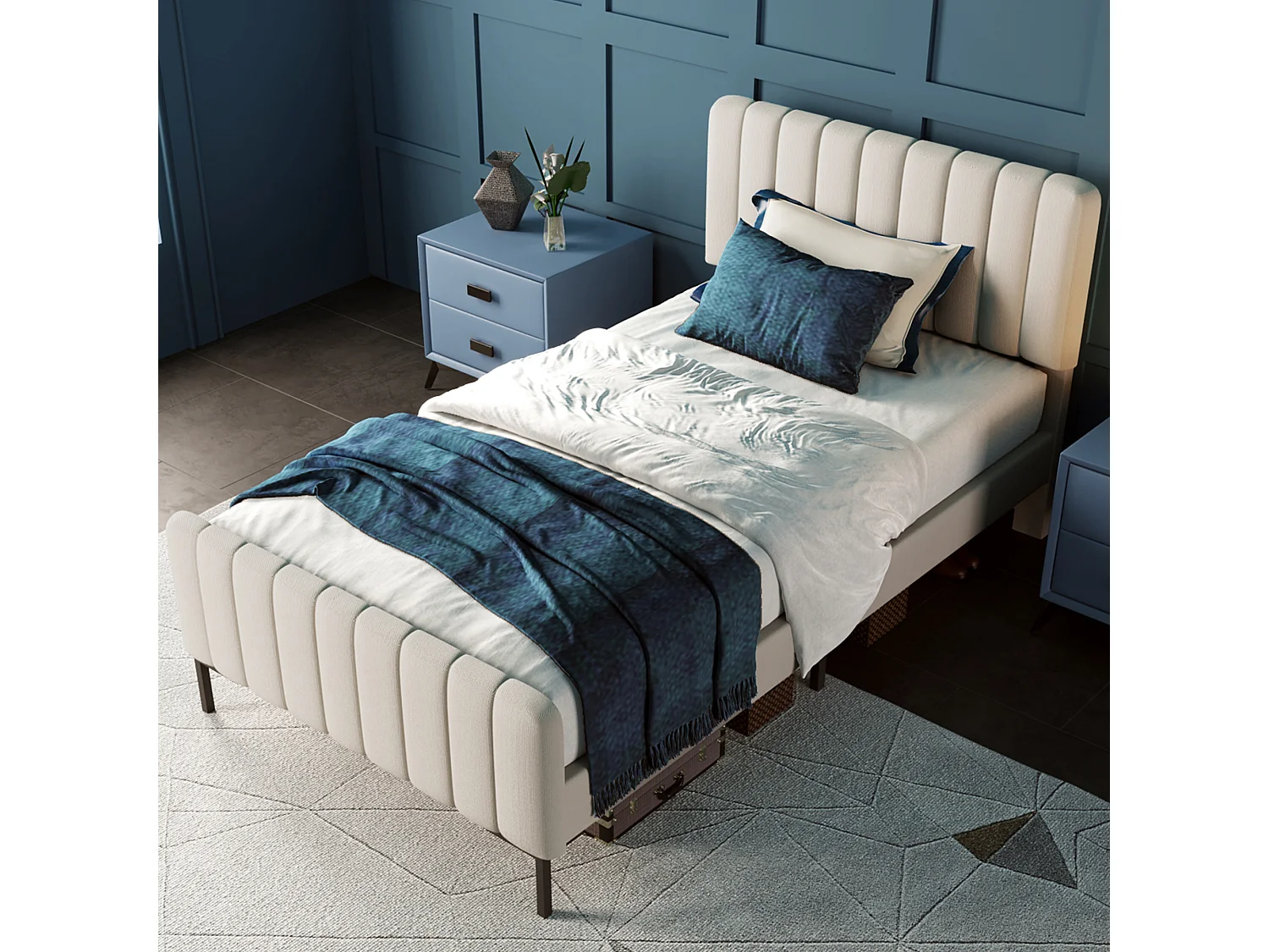 Lit rembourré simple 90x200 cm, cadre avec sommier et tête réglable, gris-beige, lit pour chambre d’ado et invités, lin, avec matelas