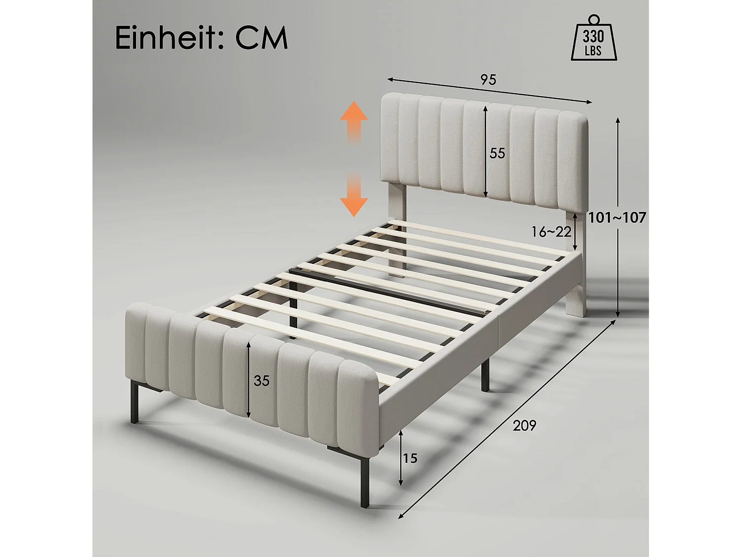 Lit rembourré simple 90x200 cm, cadre avec sommier et tête réglable, gris-beige, lit pour chambre d’ado et invités, lin, avec matelas