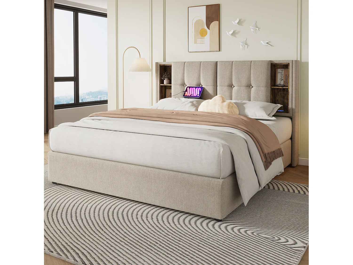 Gepolsterd Bed Double Met Charge Zonder Fil USB C, 140×200, Rangement, Houten Lattenbodem, Lin Naturel (met Matelas)