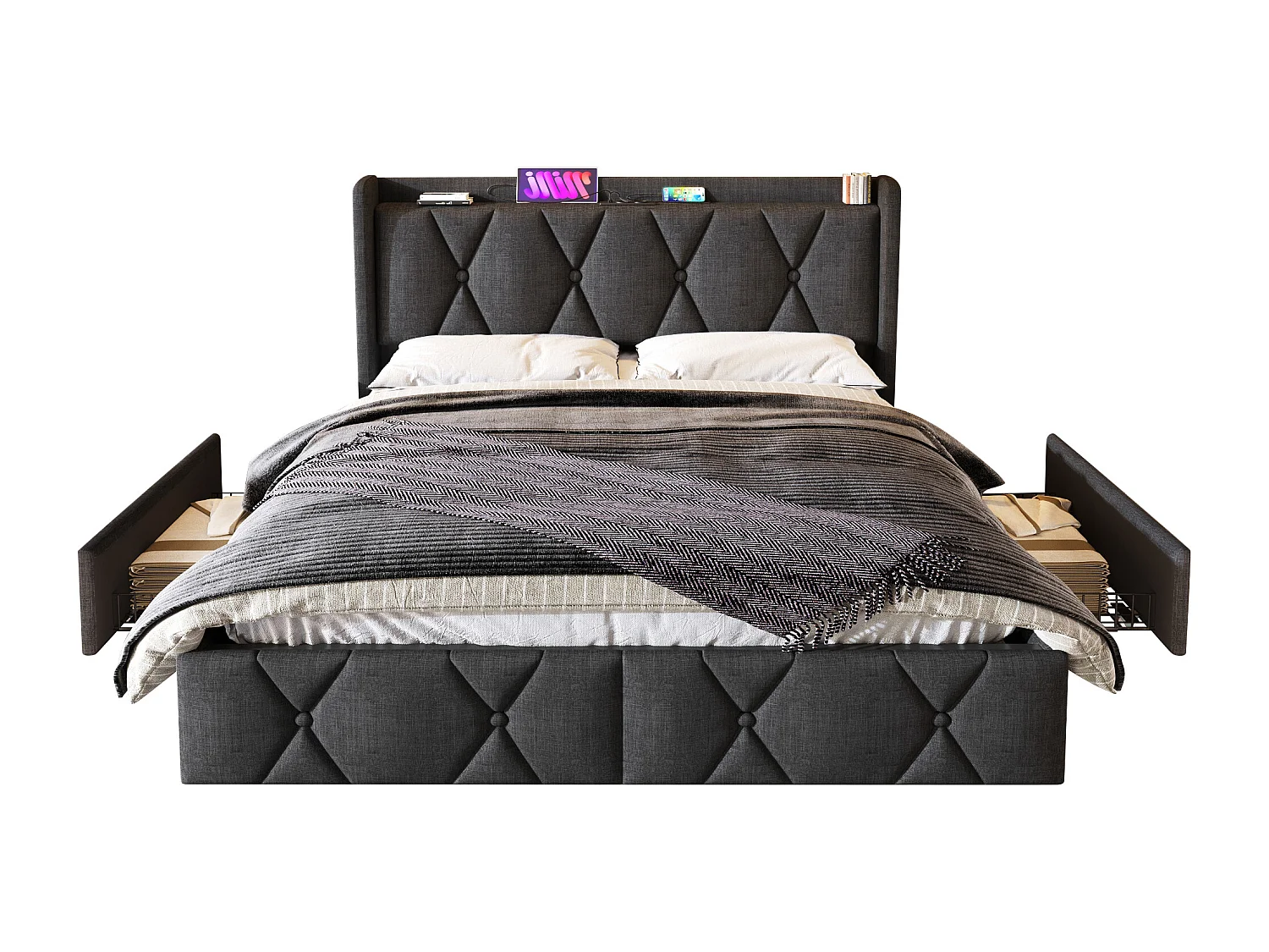 Lit rembourré double 140×200 avec tête USB et 4 tiroirs, rangement, sommier bois, gris, fonction de charge (avec matelas)