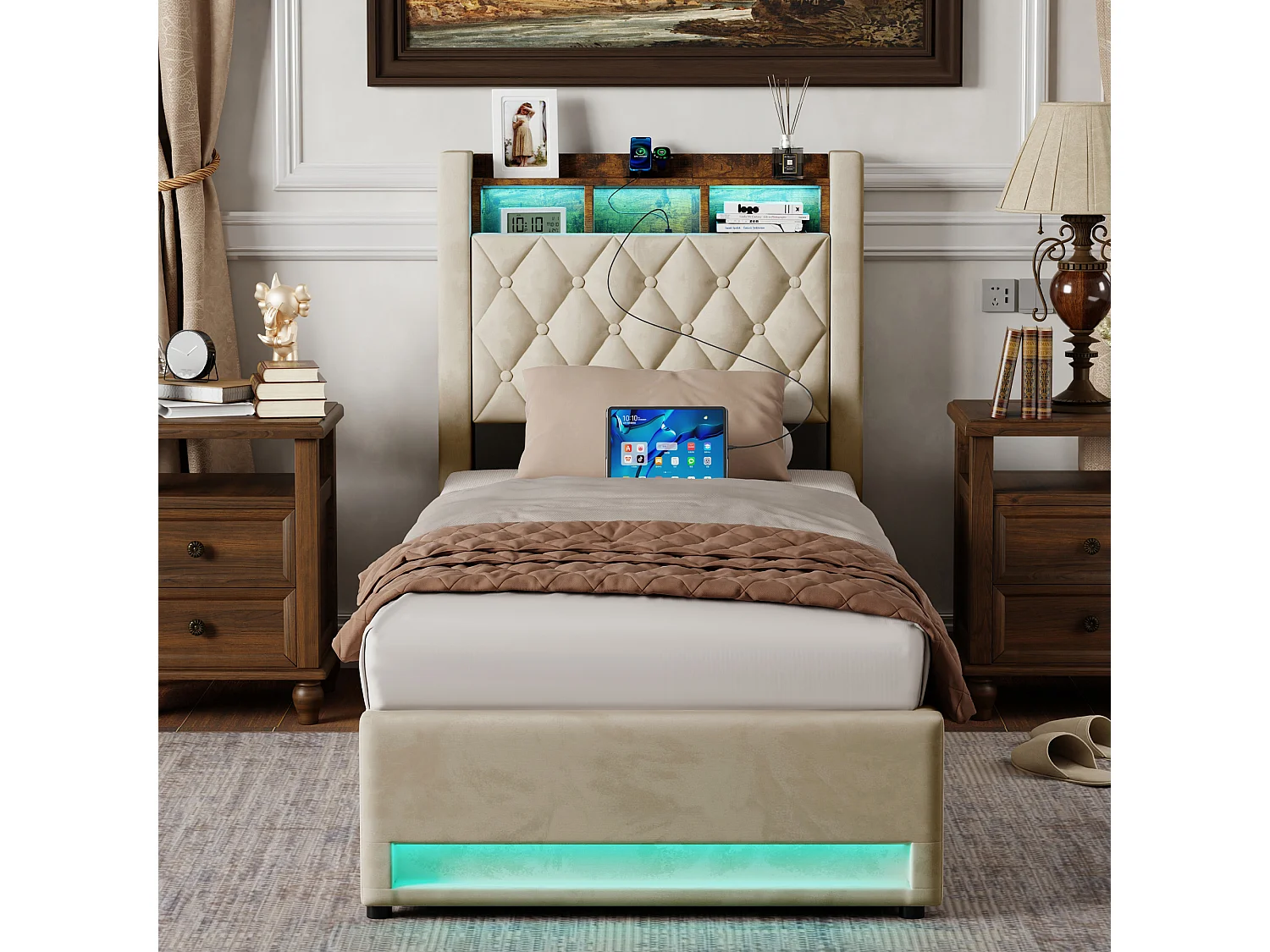 Lit 90x200 cm, capitonné, équipé de LED, ports USB et Type-C, vaste espace de stockage, beige