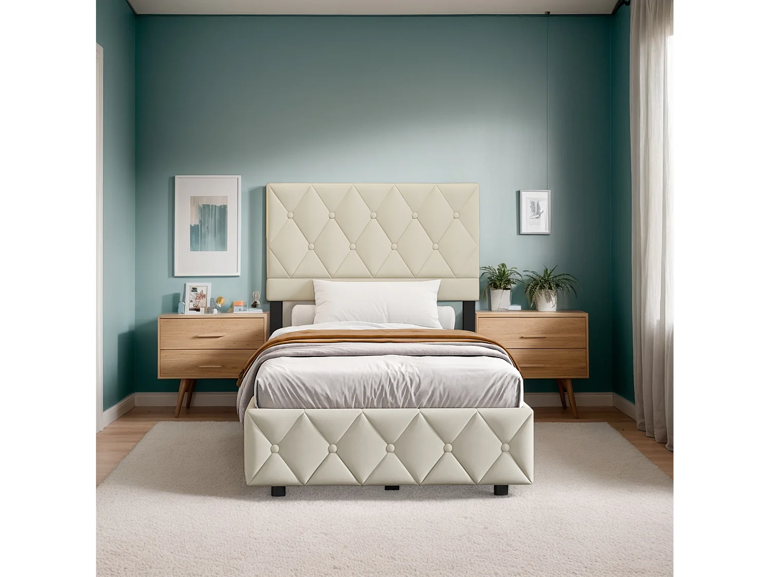 Lit 90x200 cm, capitonné, hauteur réglable, grand espace de rangement, beige