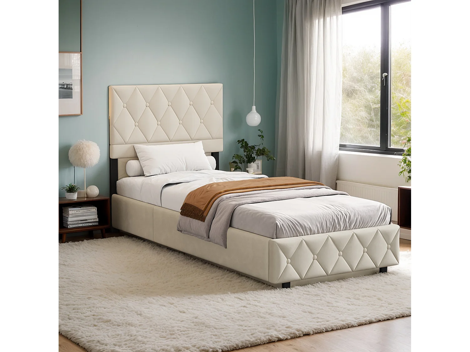 Lit 90x200 cm, capitonné, hauteur réglable, grand espace de rangement, beige