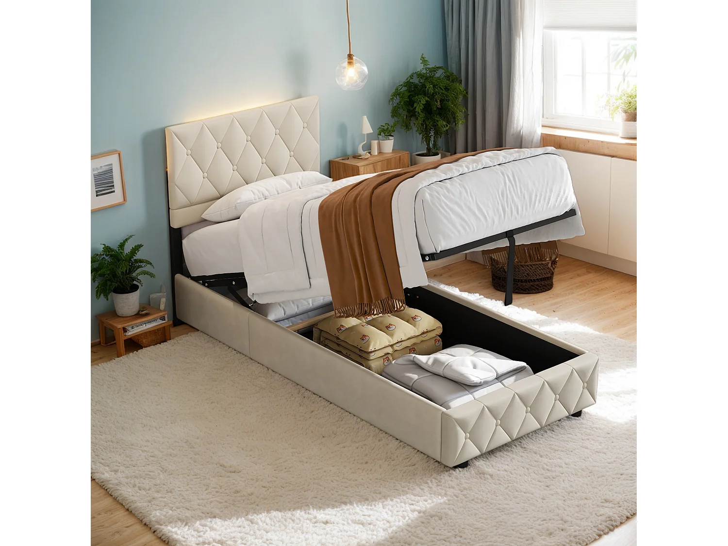 Lit 90x200 cm, capitonné, hauteur réglable, grand espace de rangement, beige