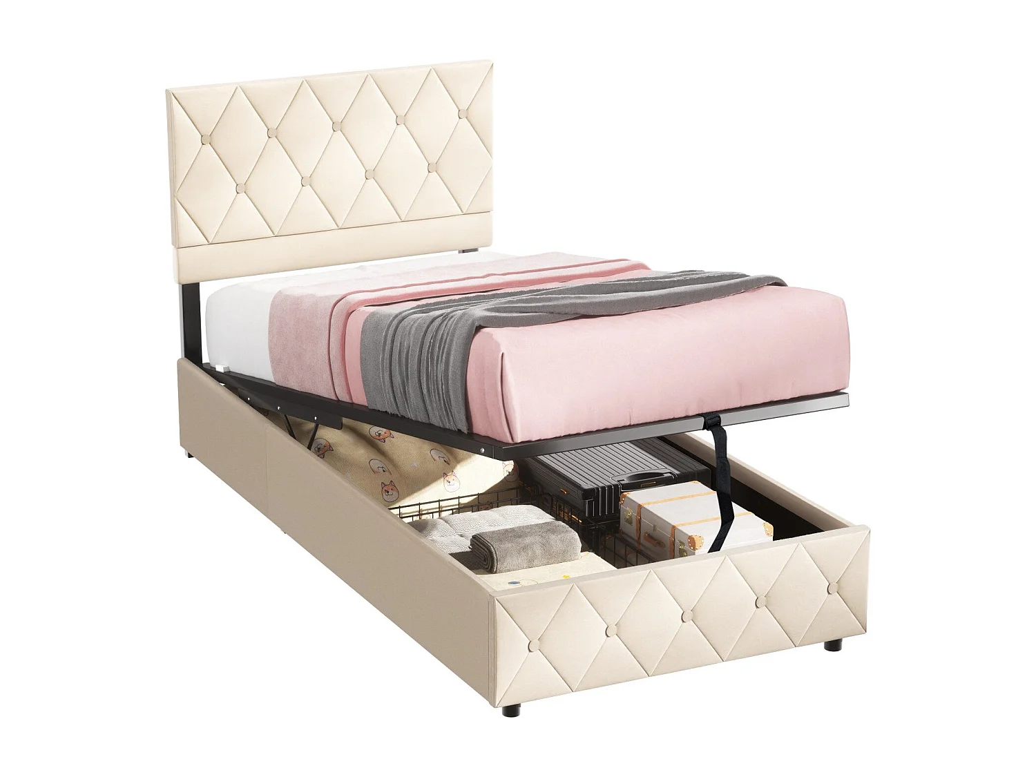 Lit 90x200 cm, capitonné, hauteur réglable, grand espace de rangement, beige