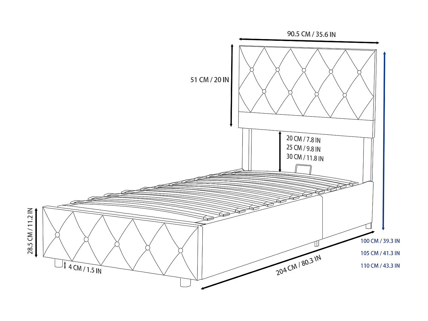 Lit 90x200 cm, capitonné, hauteur réglable, grand espace de rangement, beige