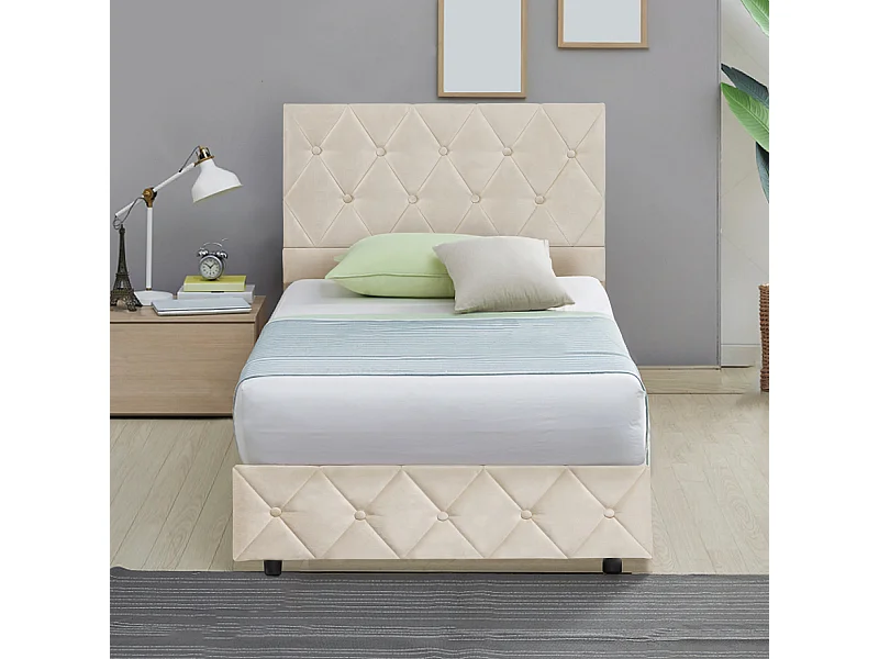 Lit 90x200 cm, capitonné, hauteur réglable, grand espace de rangement, beige