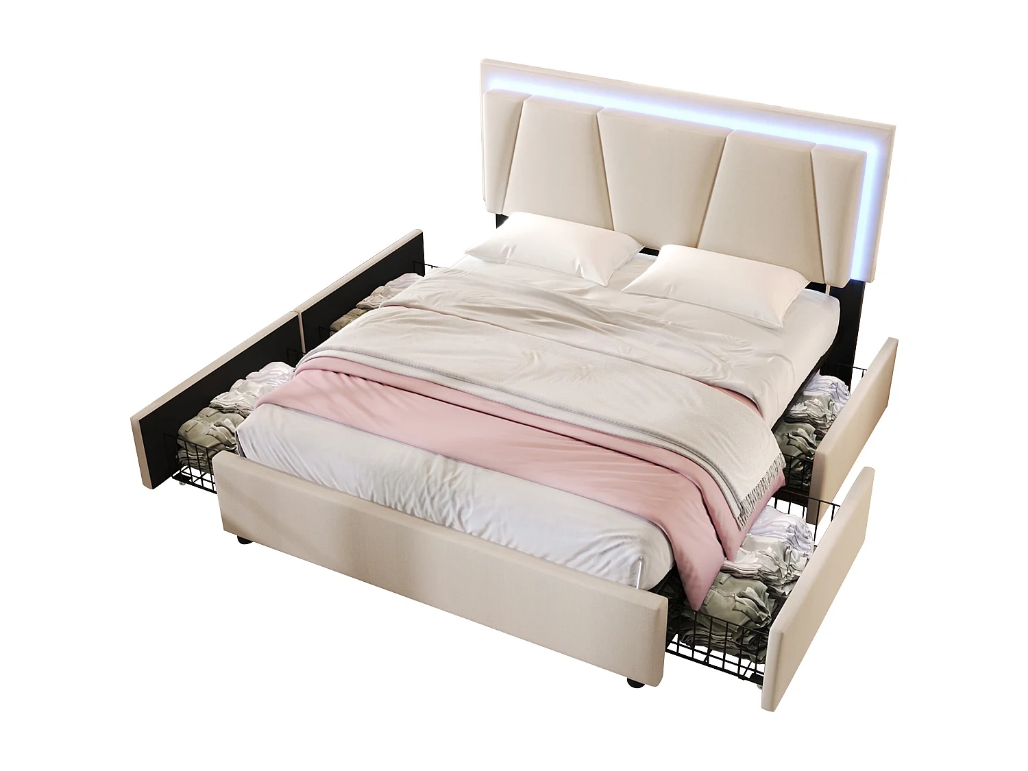Lit double rembourré 140x200 cm avec LED, 4 tiroirs, tête réglable, sommier bois, tissu beige, avec matelas