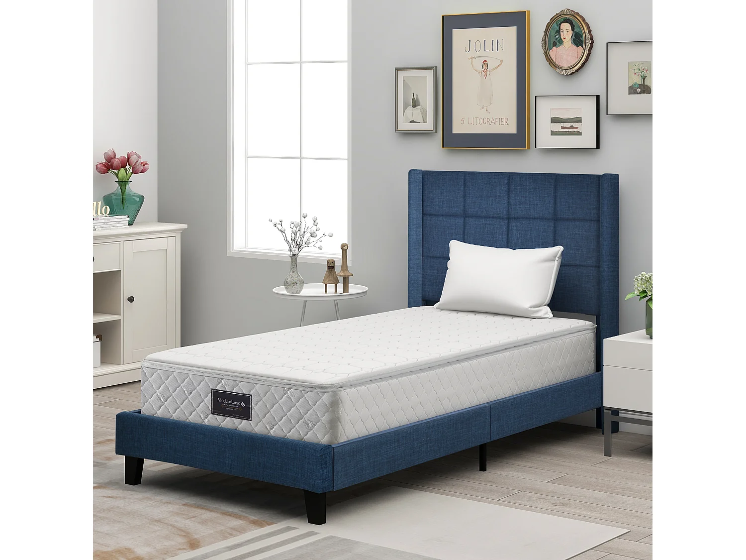 Lit rembourré simple 90x200 cm, tête capitonnée, sommier inclus, lin bleu, matelas à ressorts, confort moyen