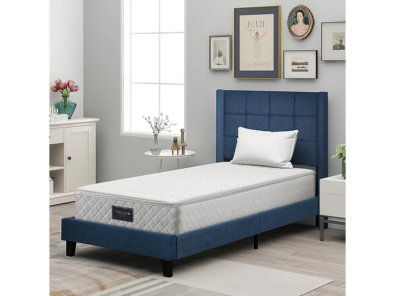 Lit rembourré simple 90x200 cm, tête capitonnée, sommier inclus, lin bleu, matelas à ressorts, confort moyen