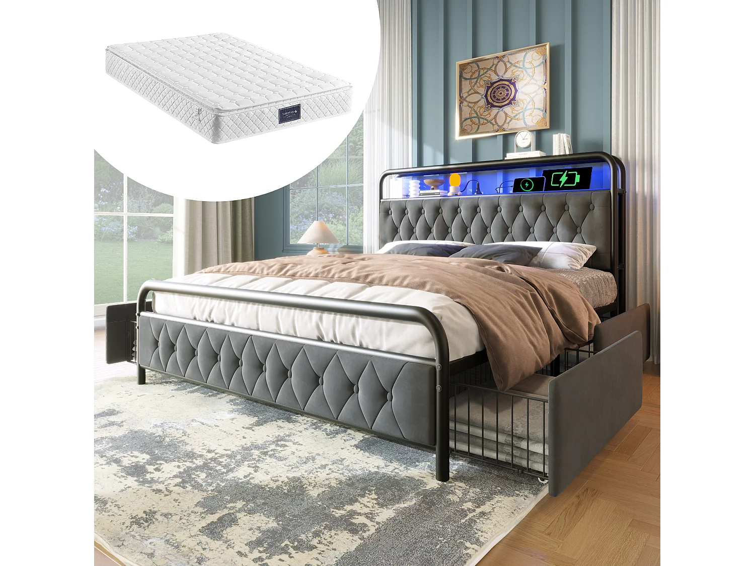 Gepolsterd Bed Double Met USB Type C, Fonction Van Charge, App-control, Led, Métal 140×200, 4 Tiroirs, Velours (met Matelas)