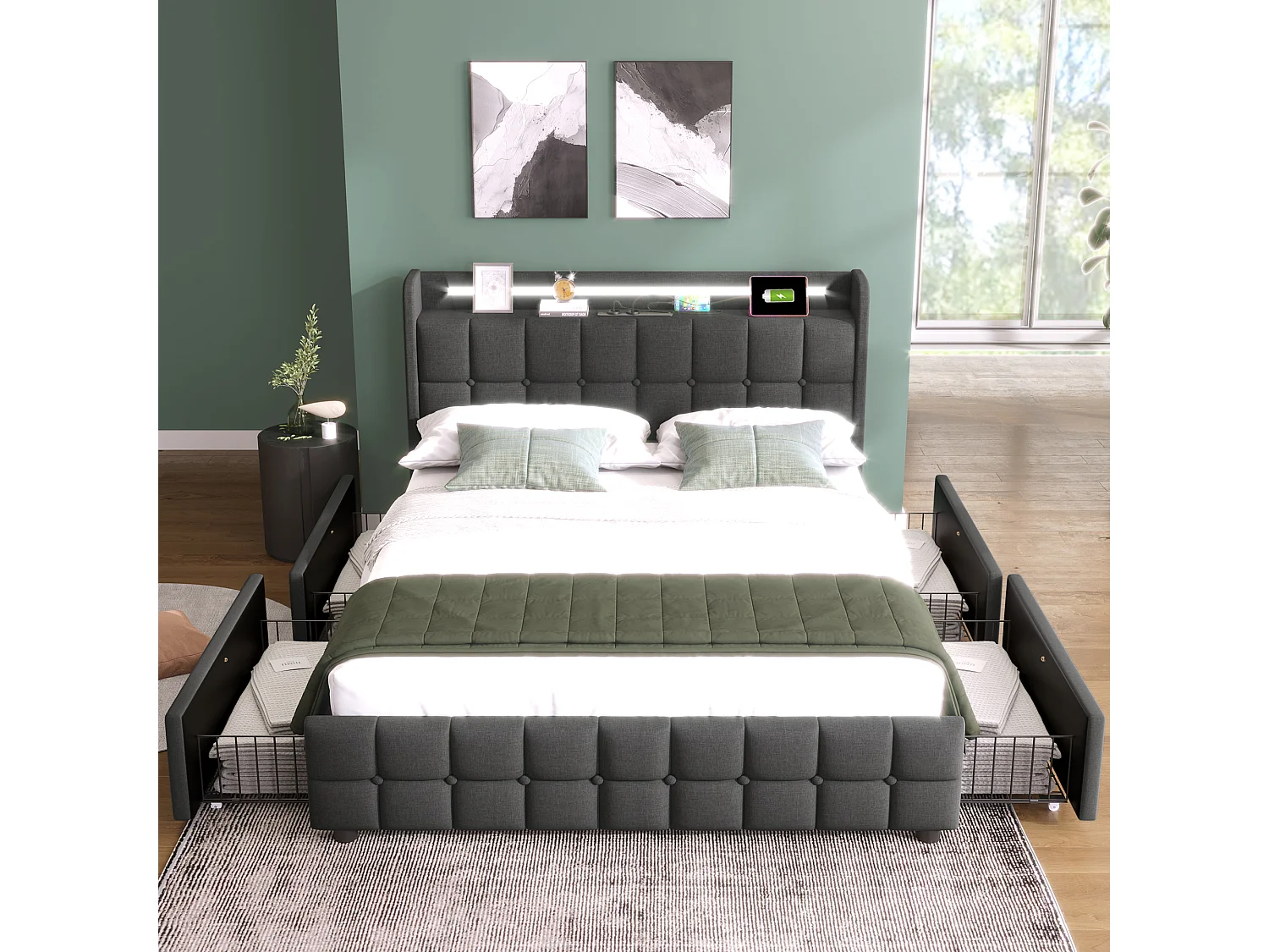 Lit double rembourré 160x200 cm avec USB, LED et 4 tiroirs, tête avec rangement, sommier bois, tissu gris, avec matelas