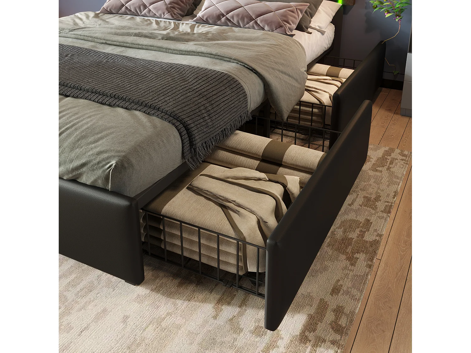 it rembourré double avec bande LED et 4 tiroirs, tête réglable, PU noir, 140×200, lit fonctionnel (avec matelas)